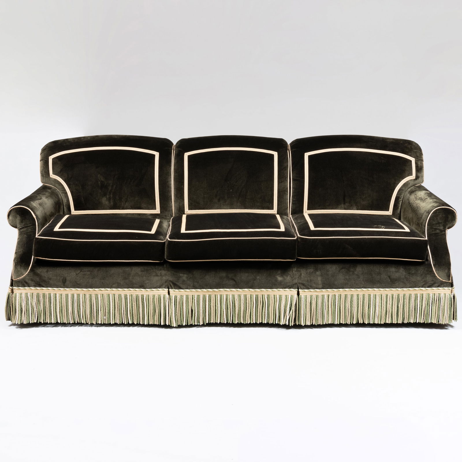 Large Olive Green Velvet Sofa with Fringe, Designed by Peter Marino: Large Olive Green Velvet Sofa with Fringe, Designed by Peter Marino ,/p> 35 x 8 ft. x 40 in. seat height 19 in.