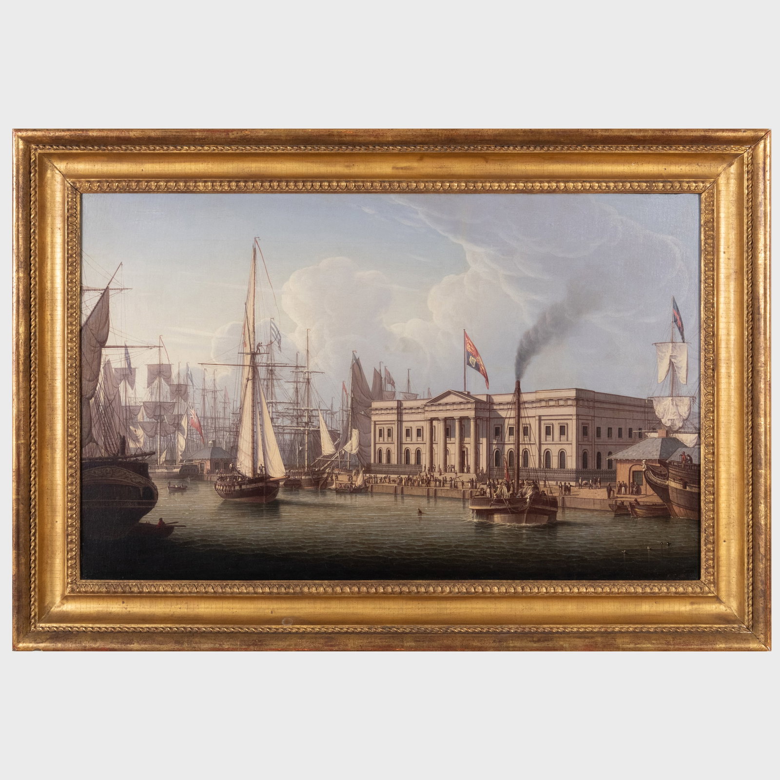 Robert Salmon (1775-1842): The Custom House Quay, Greenock, Scotland: Robert Salmon (1775-1842): The Custom House Quay, Greenock, Scotland ,/p> Oil on canvas, 1820, signed with initials 'RS' and dated lower right, lined. 23 x 27 in., 30 1/4 x 44 1/4 in. (frame). Literat