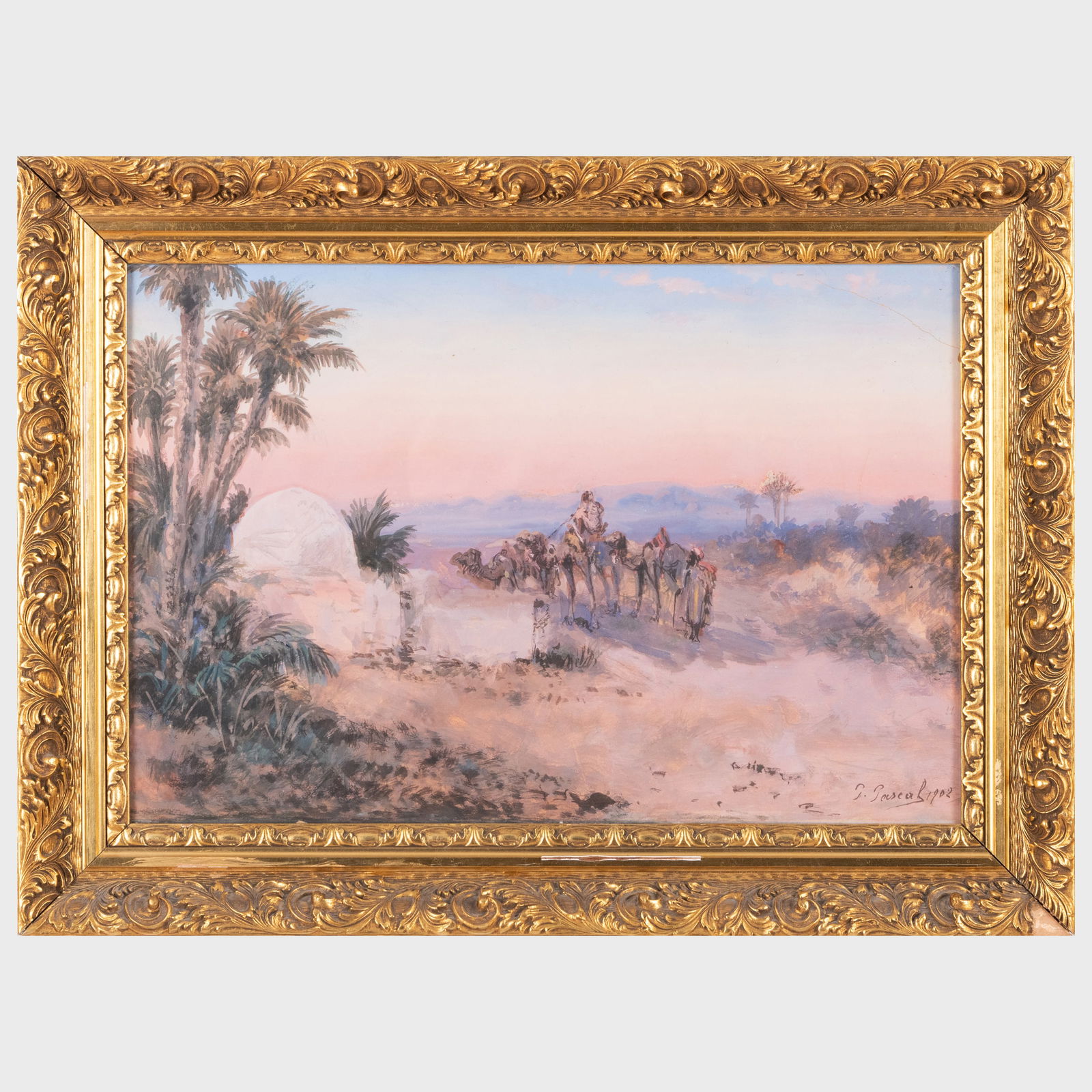 Attributed to Paul Pascal (1832-1903): Two Men with Four Camels: Attributed to Paul Pascal (1832-1903): Two Men with Four Camels ,/p> Gouache on thin paperboard, 1902, signed 'P. Pascal' and dated lower right. 12 1/4 x 18 in. (sheet), 16 1/4 x 22 in. (frame). Sold