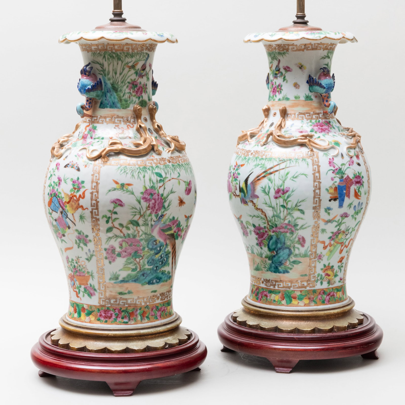 Pair of Chinese Export Rose Medallion Porcelain Vases Mounted as Lamps (1 of 6)