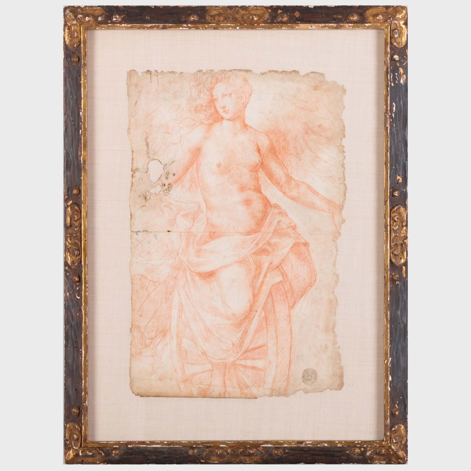 Attributed to Maso da San Friano (1531/36-c.1571), After Attributed to Agnolo Bronzino (1503-1572):: Attributed to Maso da San Friano (1531/36-c.1571), After Attributed to Agnolo Bronzino (1503-1572): Fortuna ,/p> Sanguine on paper, with an indistinct collector's mark lower right. 17 x 10 1/2 in. (sh