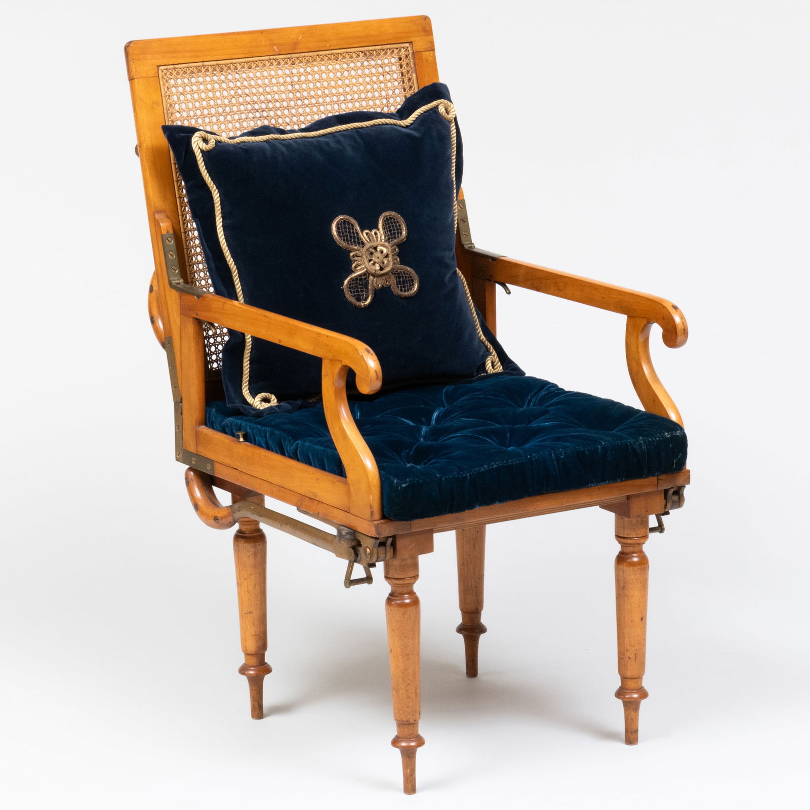 Unusual Early Victorian Brass-Mounted Fruitwood and Caned Campaign Chair (1 of 13)