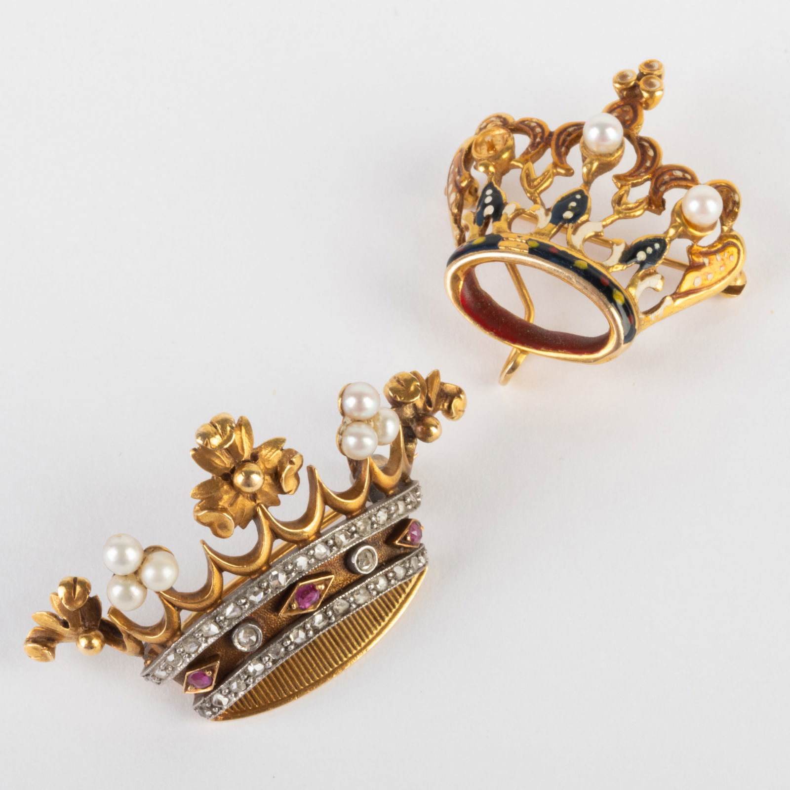 Two Gold, Pearl and Jeweled Crown Brooches (1 of 4)