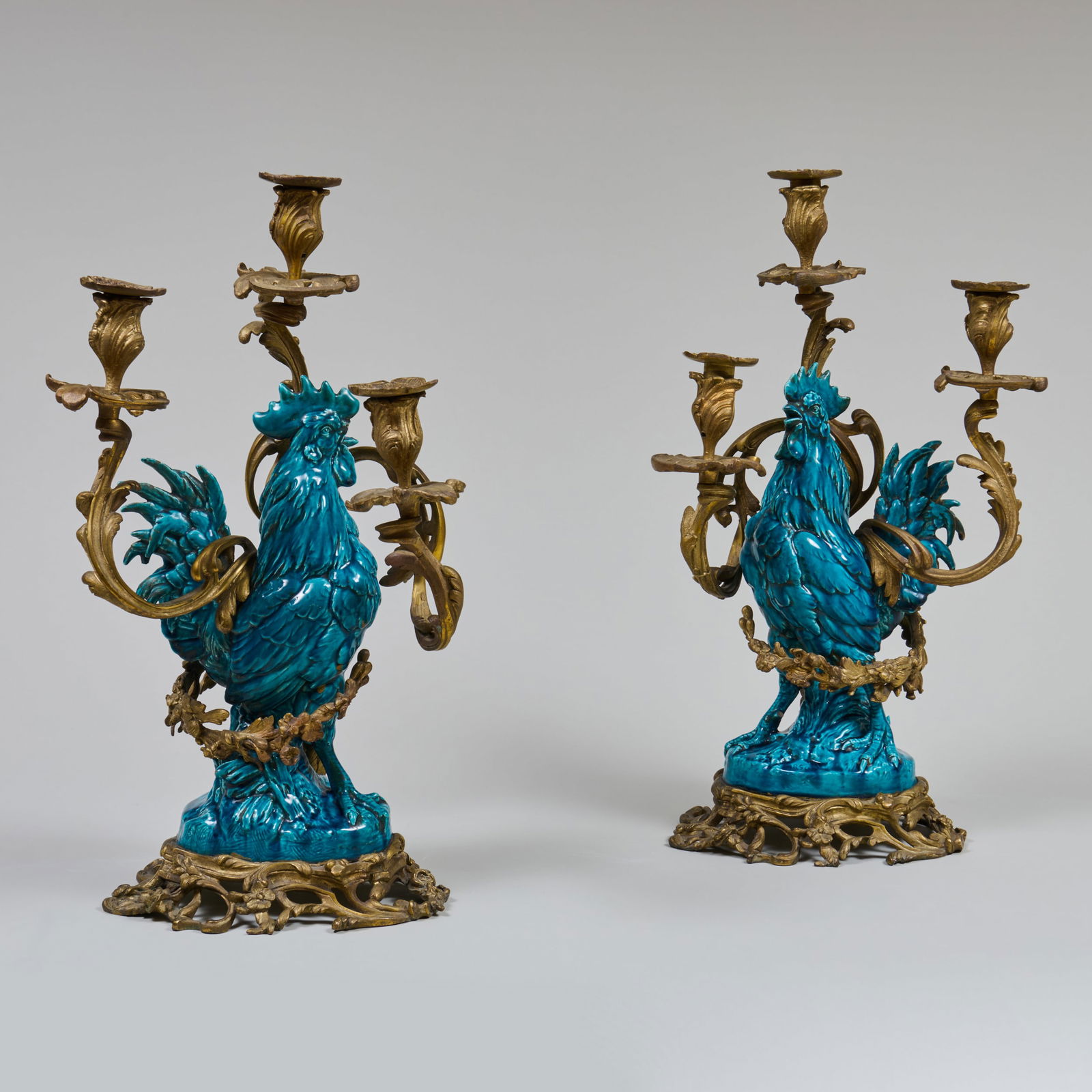 Pair of Continental Turquoise Glazed Cockerels Ormolu-Mounted as Three-Light Candelabra (1 of 11)