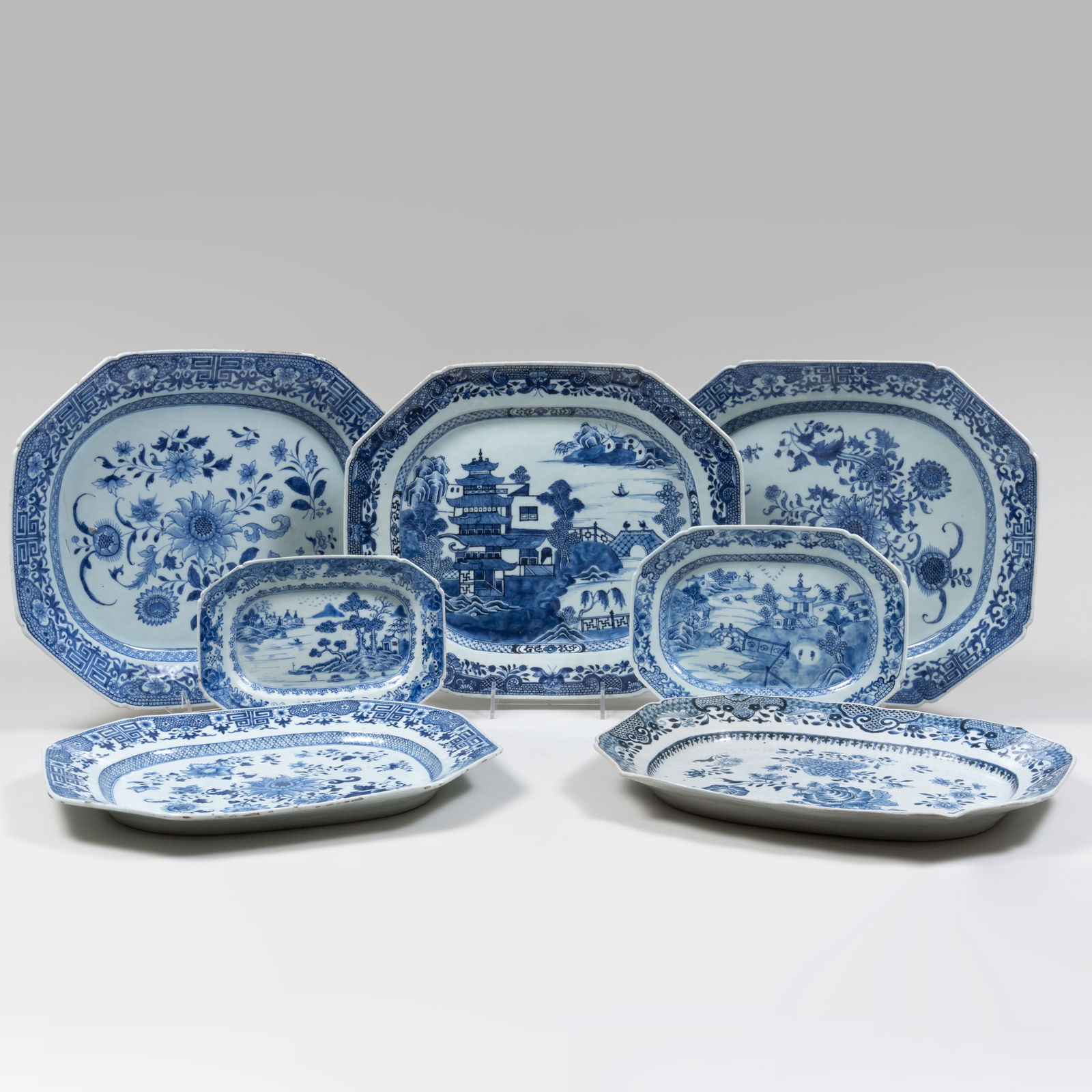 Group of Seven Chinese Blue and White Porcelain Oblong Serving Dishes (1 of 20)