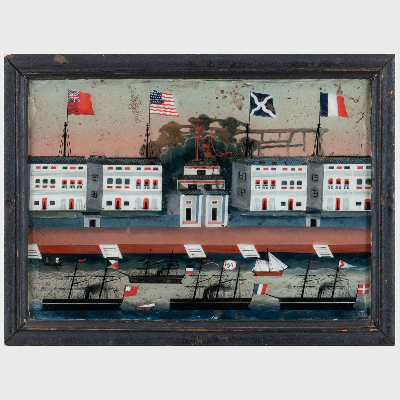 Chinese Export Reverse Painting on Glass of a Harbor Trade Scene (1 of 2)