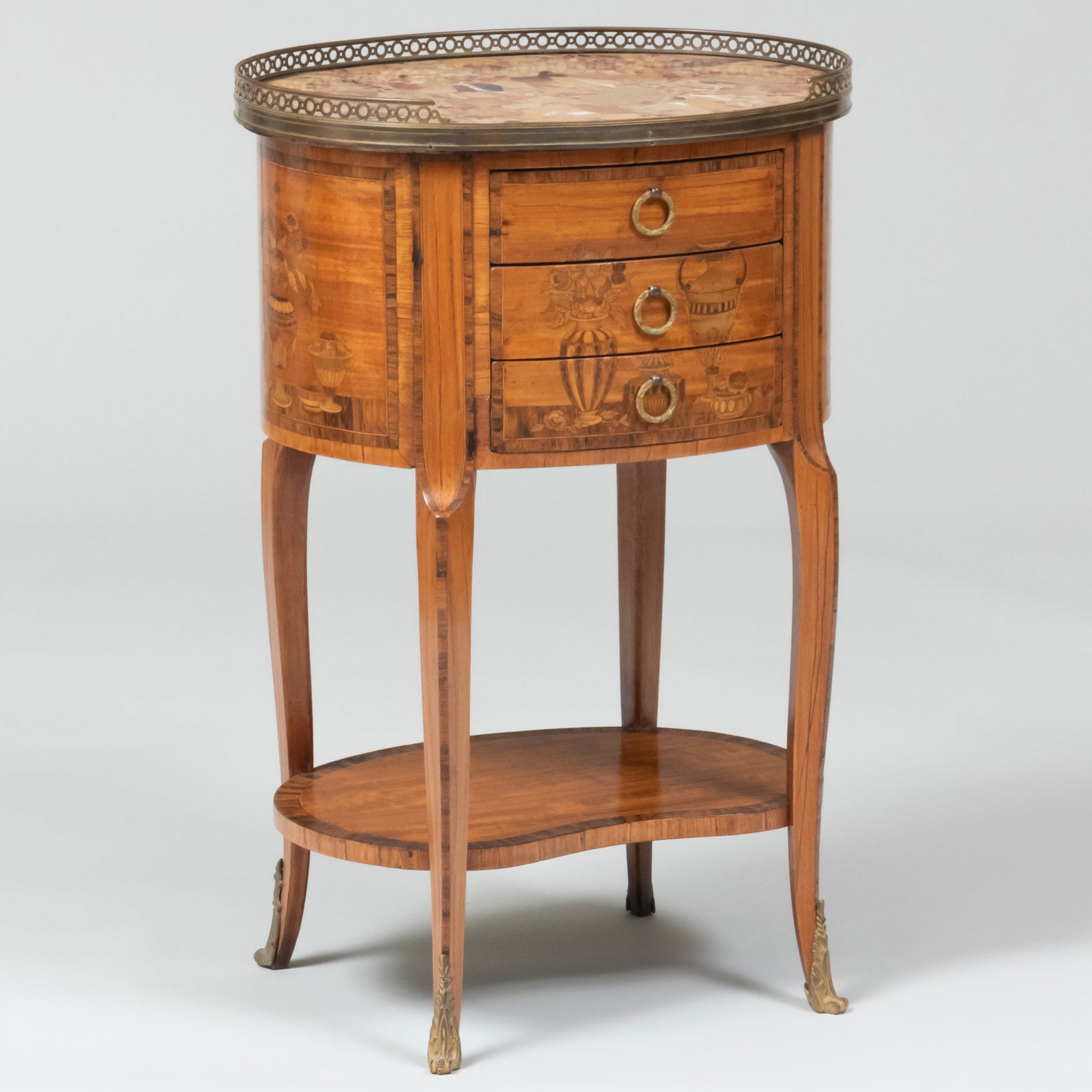 Louis XV Style Brass-Mounted Kingwood and Tulipwood Marquetry Marble Topped Side Table (1 of 14)