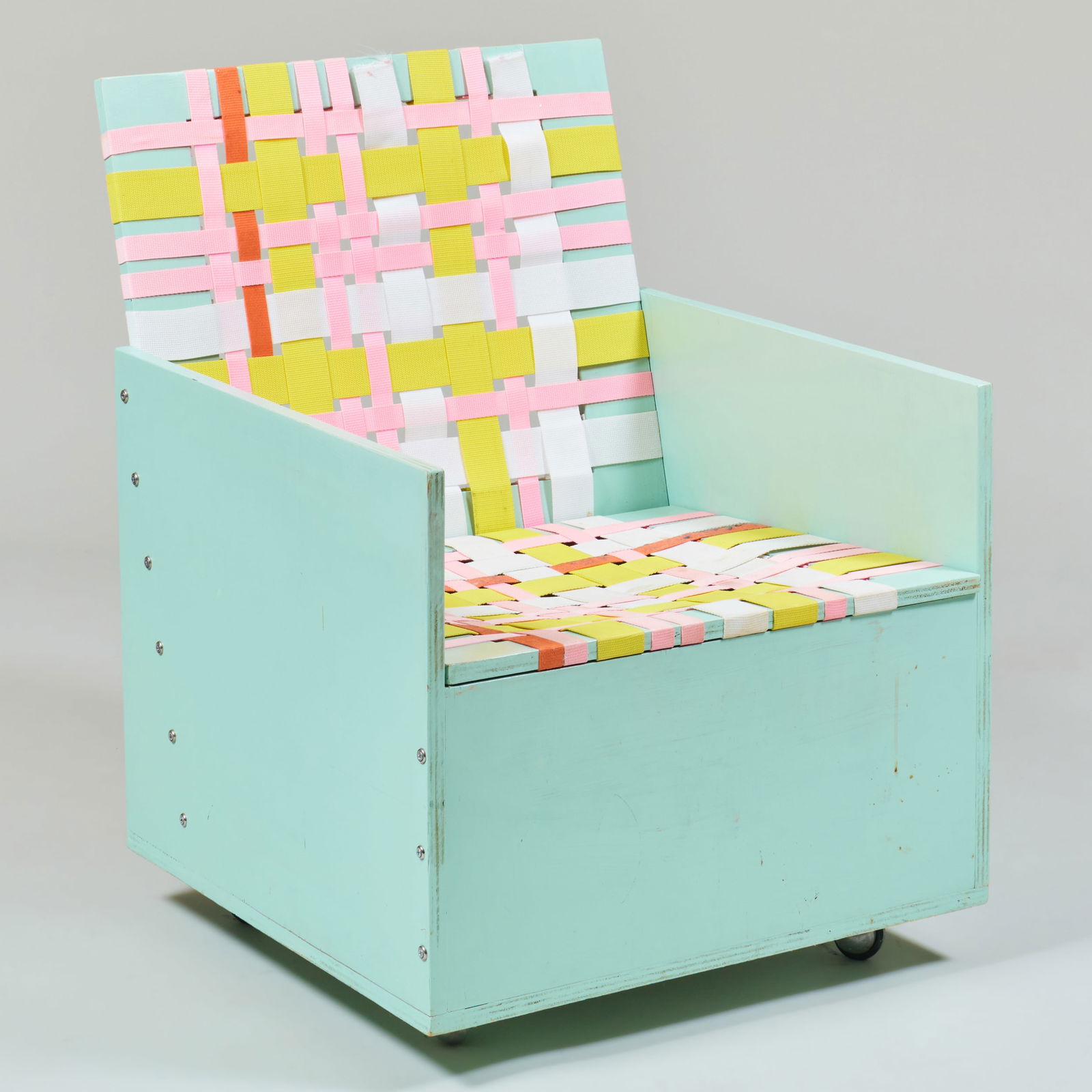 Mary Heilmann (b. 1940): Club Chair 12: Mary Heilmann (b. 1940): Club Chair 12 Painted wood and polypropylene webbing. Signed 'M Heilmann CC 12'. 34 x 25 1/2 x 27 in. seat height. Sold 303 Gallery, New York, July 1, 2004. The Collection of