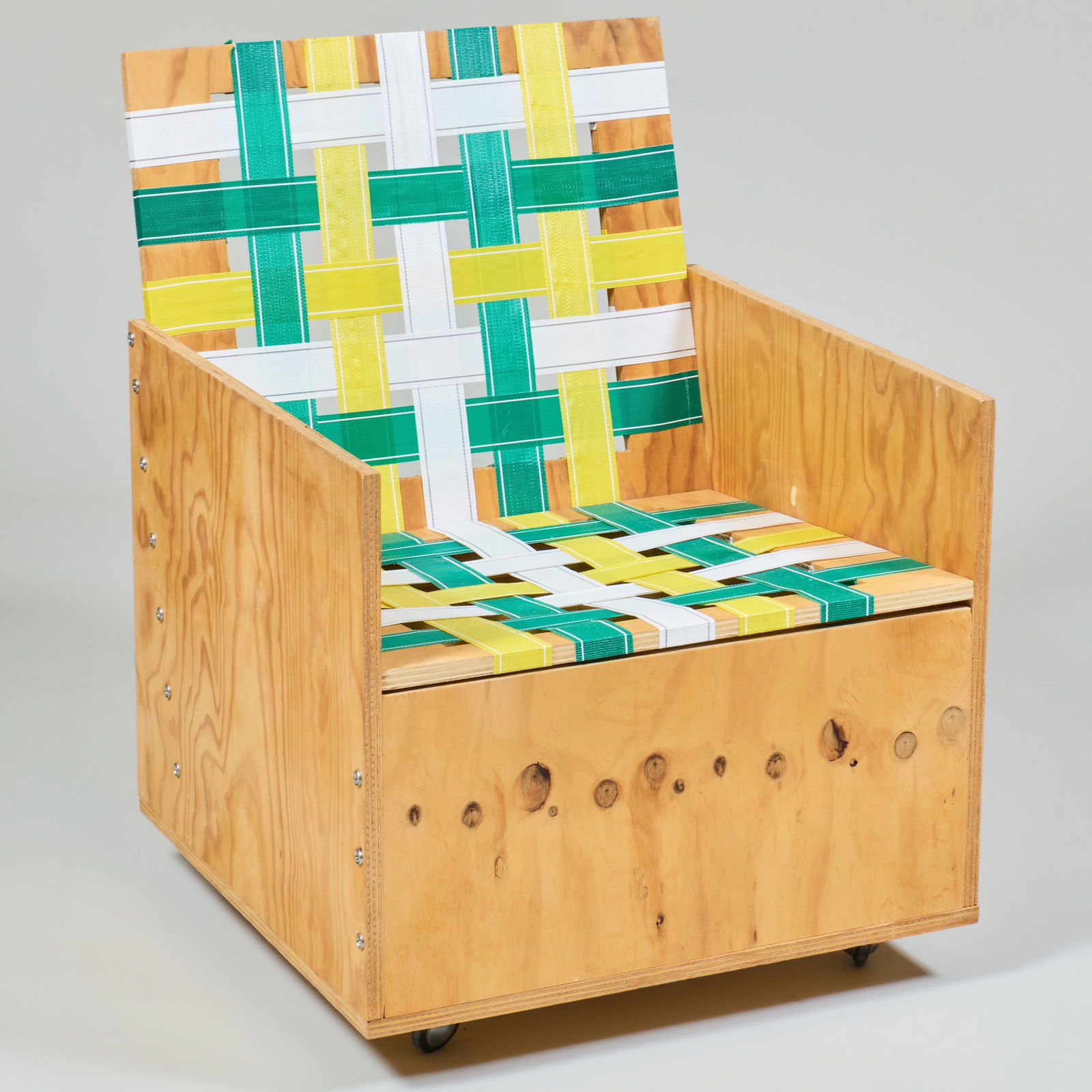 Mary Heilmann (b. 1940): Club Chair 1: Mary Heilmann (b. 1940): Club Chair 1 Plywood and polypropylene webbing. Signed 'M Heilmann 2002, CC 1'. 34 x 25 1/2 x 27 in., seat height 16 in. Sold 303 Gallery, New York, July 1, 2004. The Collecti