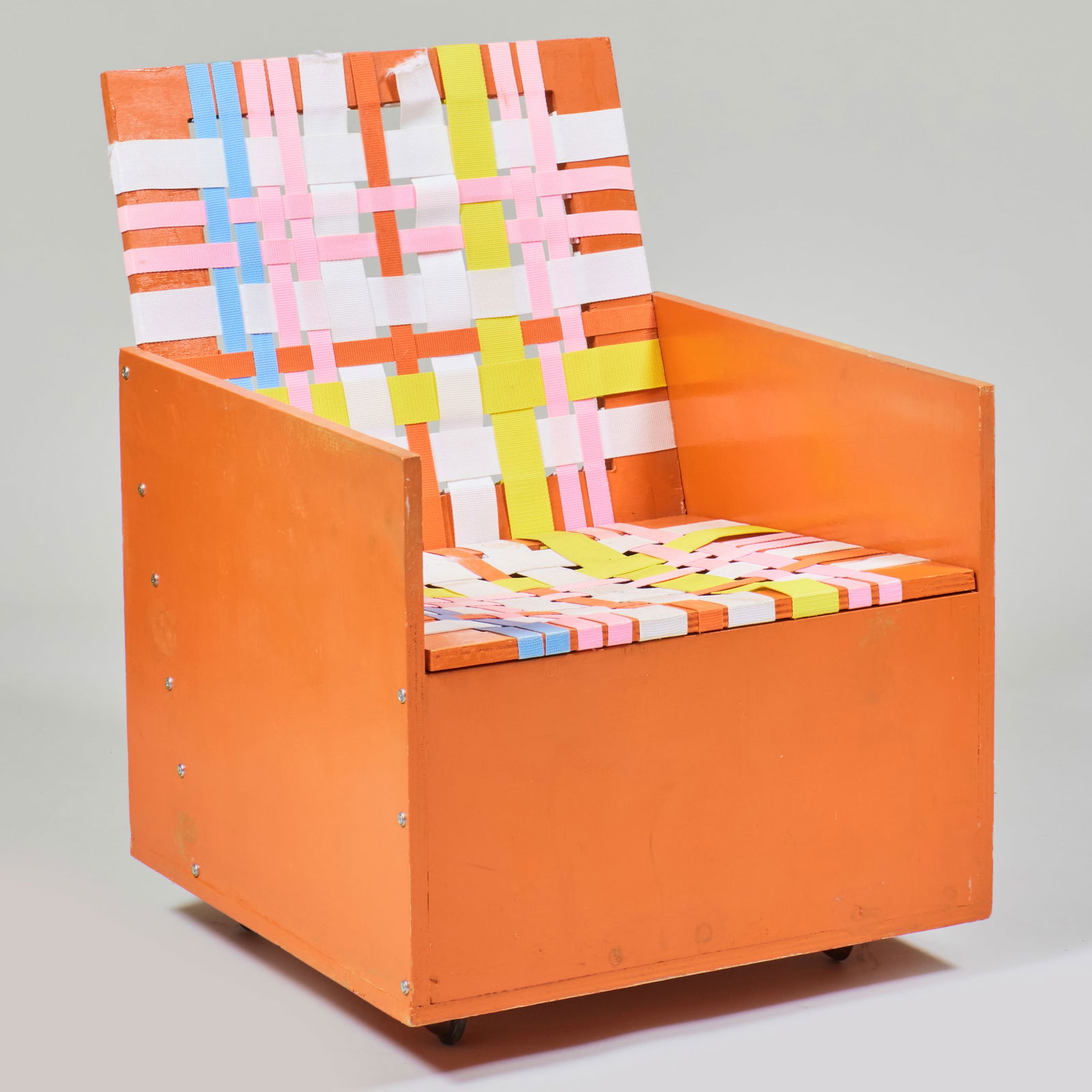 Mary Heilmann (b. 1940): Club Chair 15: Mary Heilmann (b. 1940): Club Chair 15 Painted wood and polypropylene webbing. Signed 'M. Heilmann 2004 #15.' 34 x 25 1/2 x 27 in. seat height 16 in. Sold 303 Gallery, New York, October 1, 2004. The C