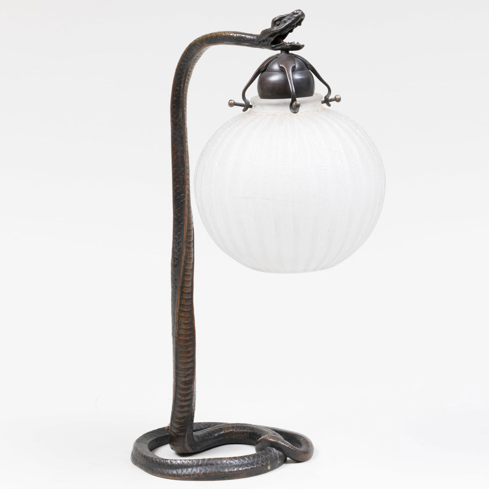 Patinated Bronze and Etched Glass Snake Lamp, After Edgar Brandt (1 of 10)