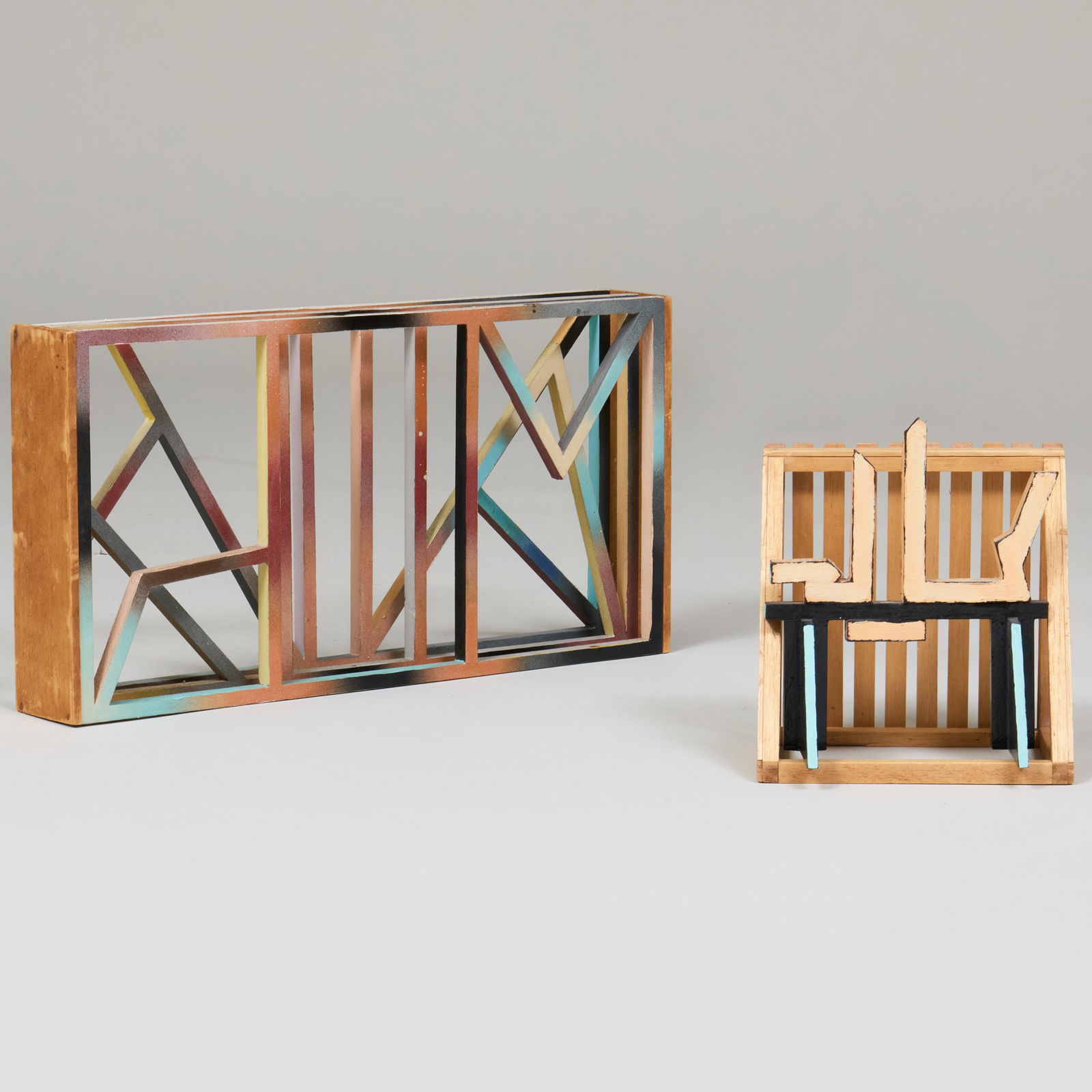 Richard Francisco (b. 1942): Injun; and Demure Diagonal Triptych Painting: Richard Francisco (b. 1942): Injun; and Demure Diagonal Triptych Painting Two wood painted constructions, one with an unpainted base, both signed 'R. Francisco', titled and dated on the underside. Inj