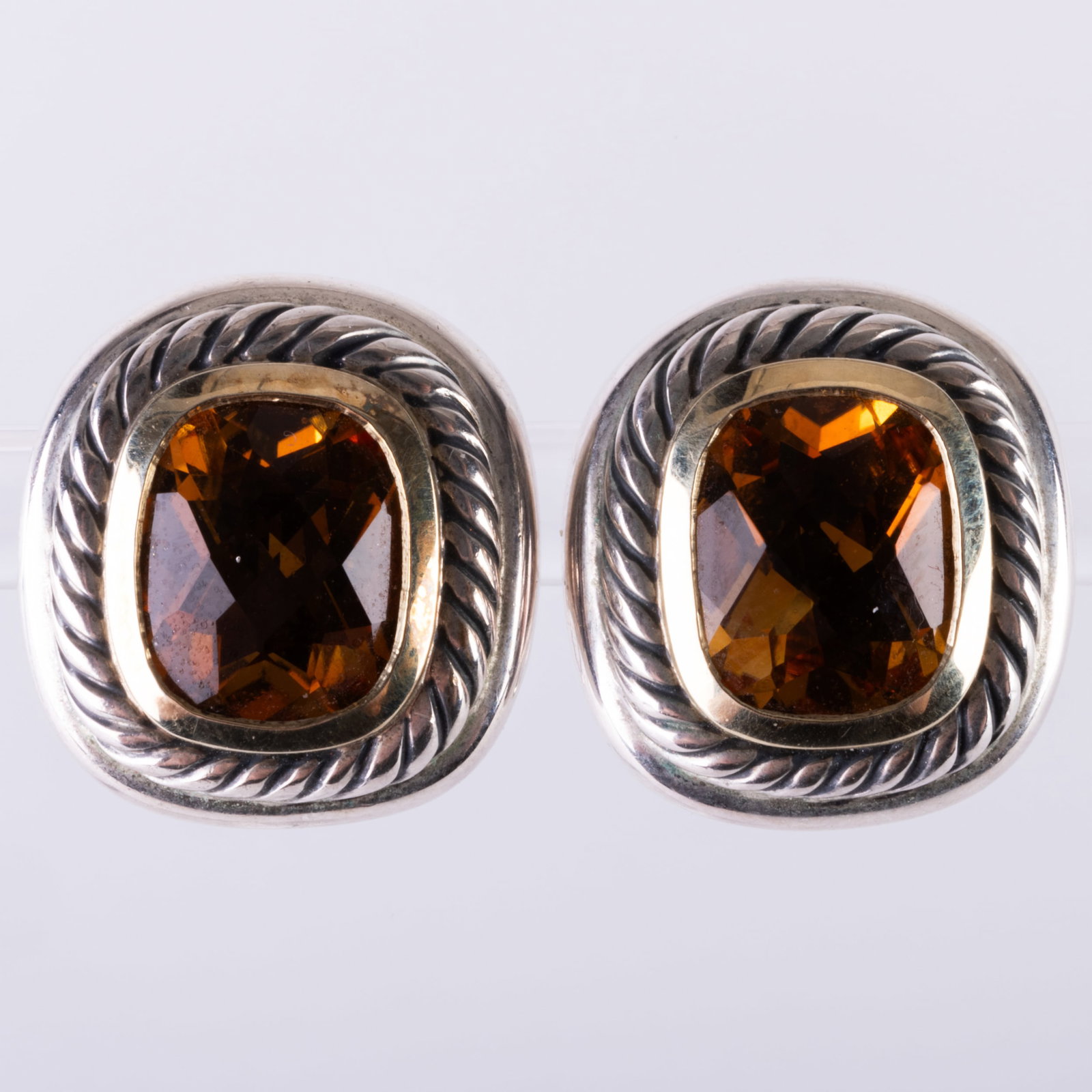 Pair of David Yurman Sterling Silver, 14k Gold and Citrine Earrings: Pair of David Yurman Sterling Silver, 14k Gold and Citrine Earrings Marked 'D.Y. / 925 / 585'. 3/4 x 3/4 in., 12.9 dwts.