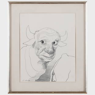 David Levine (1926-2009): Picasso: David Levine (1926-2009): Picasso Ink on paper, 1973, signed 'D. Levine' and dated in pencil, with the artist's copyright stamp, numbered 7741 and inscribed 'Collection S M Klein' on the reverse, with