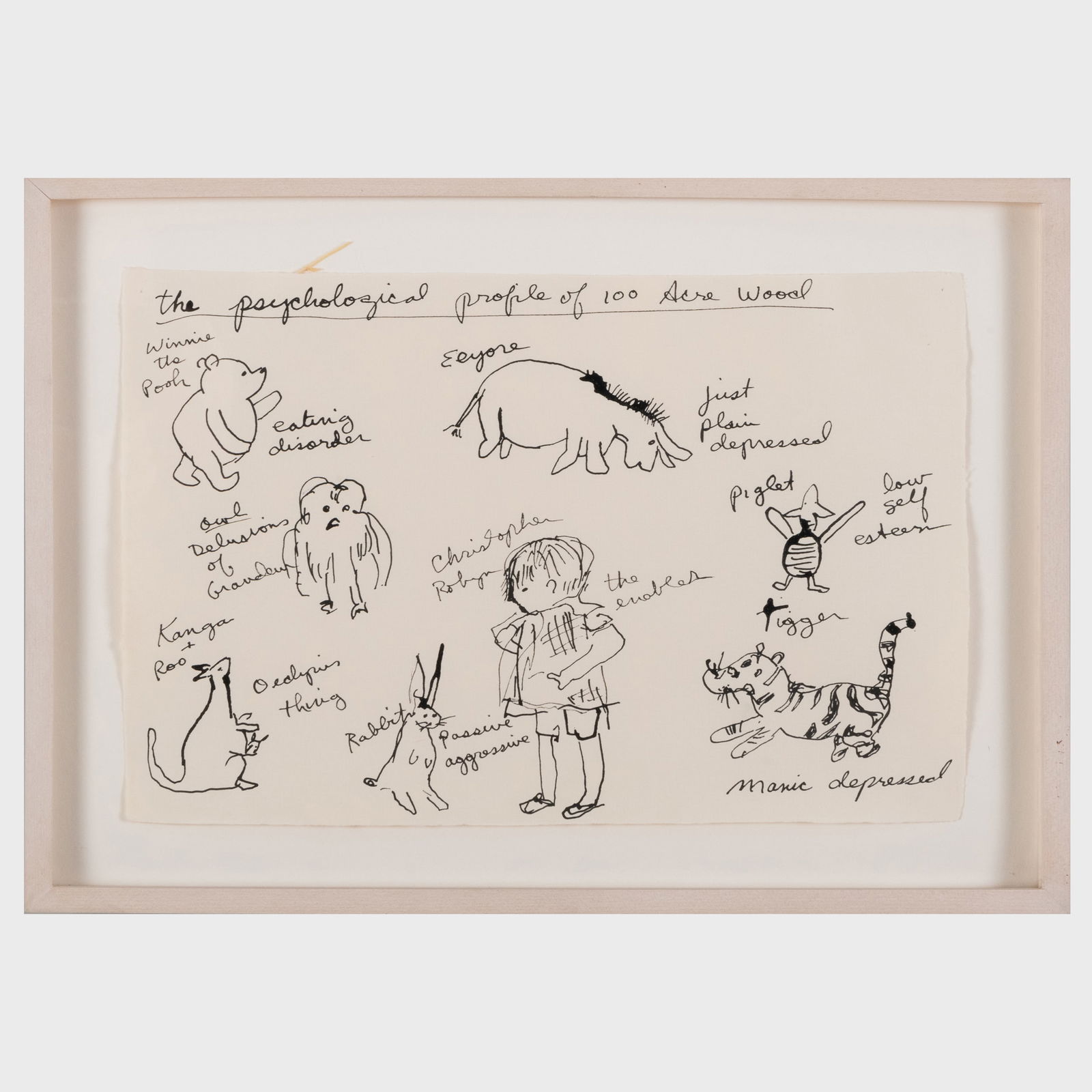 Karen Finley (b. 1956): Pooh (The Psychological Profile of the Hundred Acre Wood): Karen Finley (b. 1956): Pooh (The Psychological Profile of the Hundred Acre Wood) Ink on paper, 1997, signed 'K. Finley' and dated on the reverse. 8 x 11 3/4 in. (sheet), 11 x 14 1/2 in. (frame). The