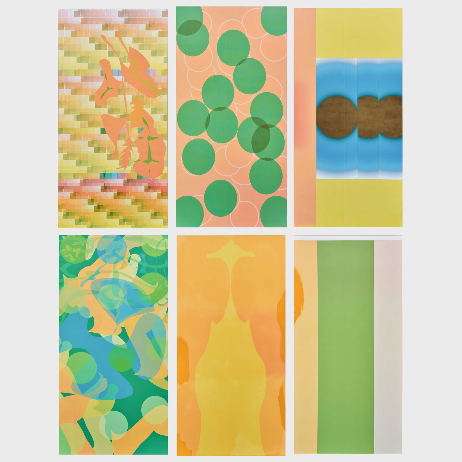 Jorge Pardo (b. 1963): Untitled: Jorge Pardo (b. 1963): Untitled Inkjet on canvas with screen print in six parts, unsigned, with label from Brian D. Butler, Santa Monica, CA. All 72 x 36 in., unframed.