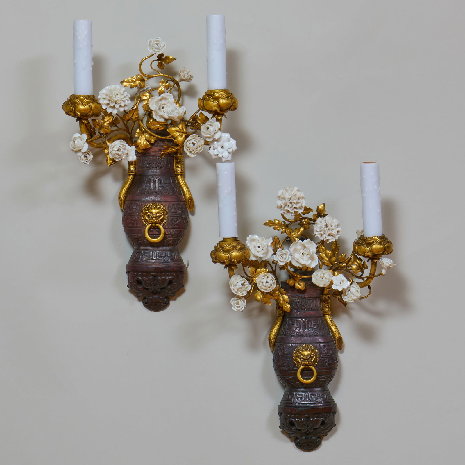 Pair of Chinoiserie Patinated Bronze and Porcelain Mounted Two Light Sconces (1 of 6)