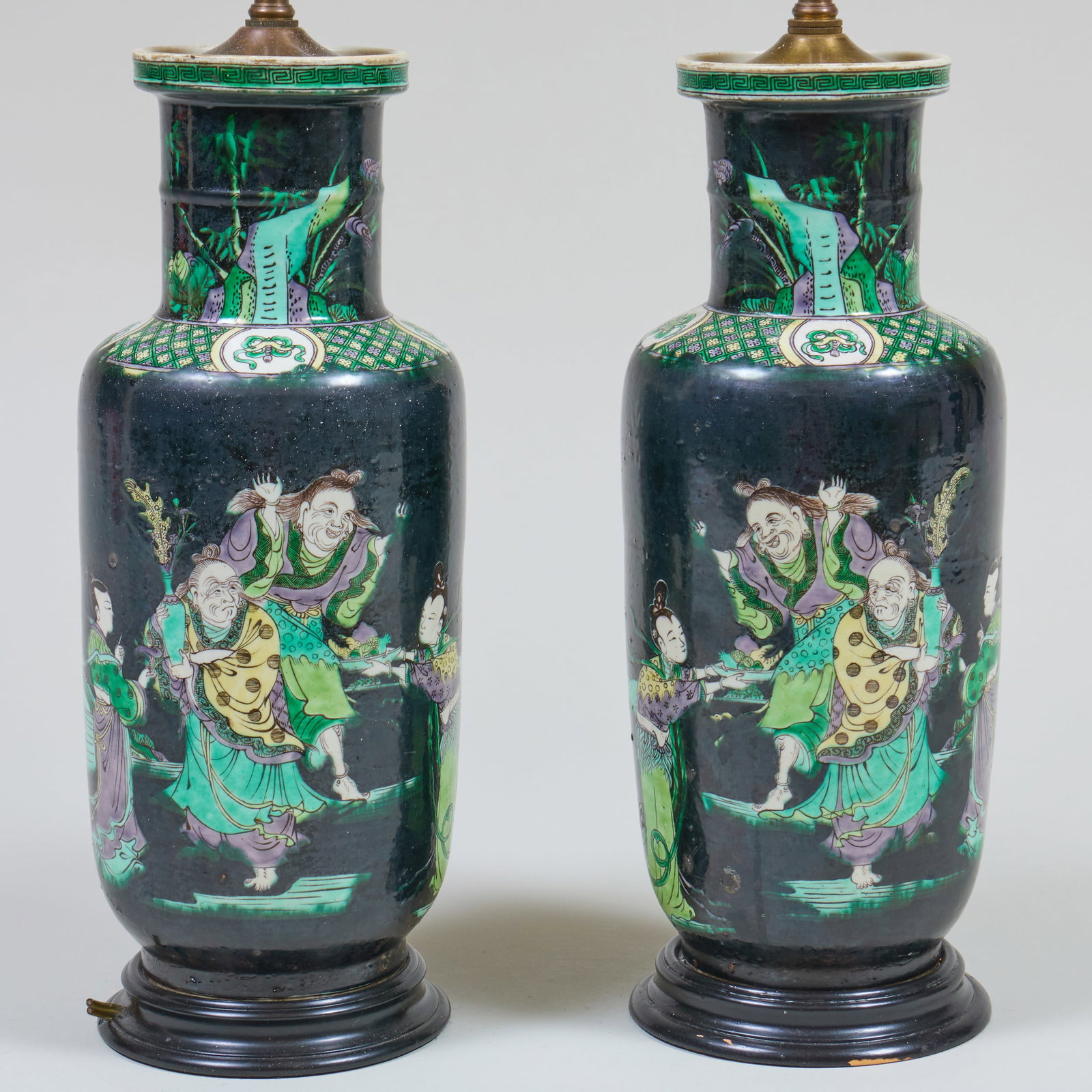 Pair of Chinese Famille Noire Porcelain Square Baluster Vases Mounted as Lamps: Pair of Chinese Famille Noire Porcelain Square Baluster Vases Mounted as Lamps The vases 13 x 5 x 5 in., 18 x 5 x 5 in. (overall).