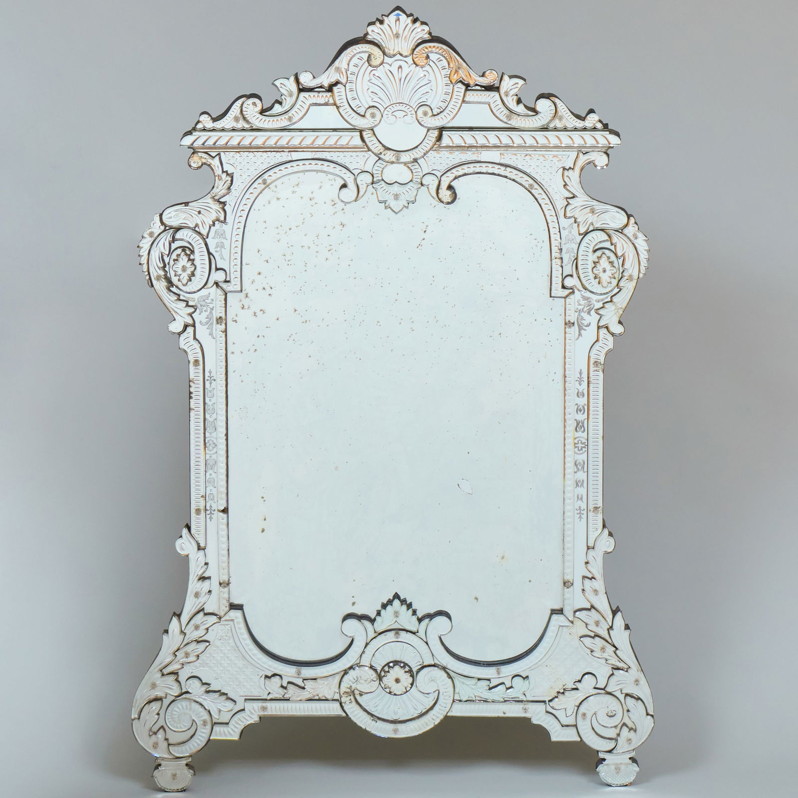 Venetian Style Cut and Etched Glass Mirror: Venetian Style Cut and Etched Glass Mirror 5 ft. 3 in. x 31 in. The Collection of Jordan Saunders.