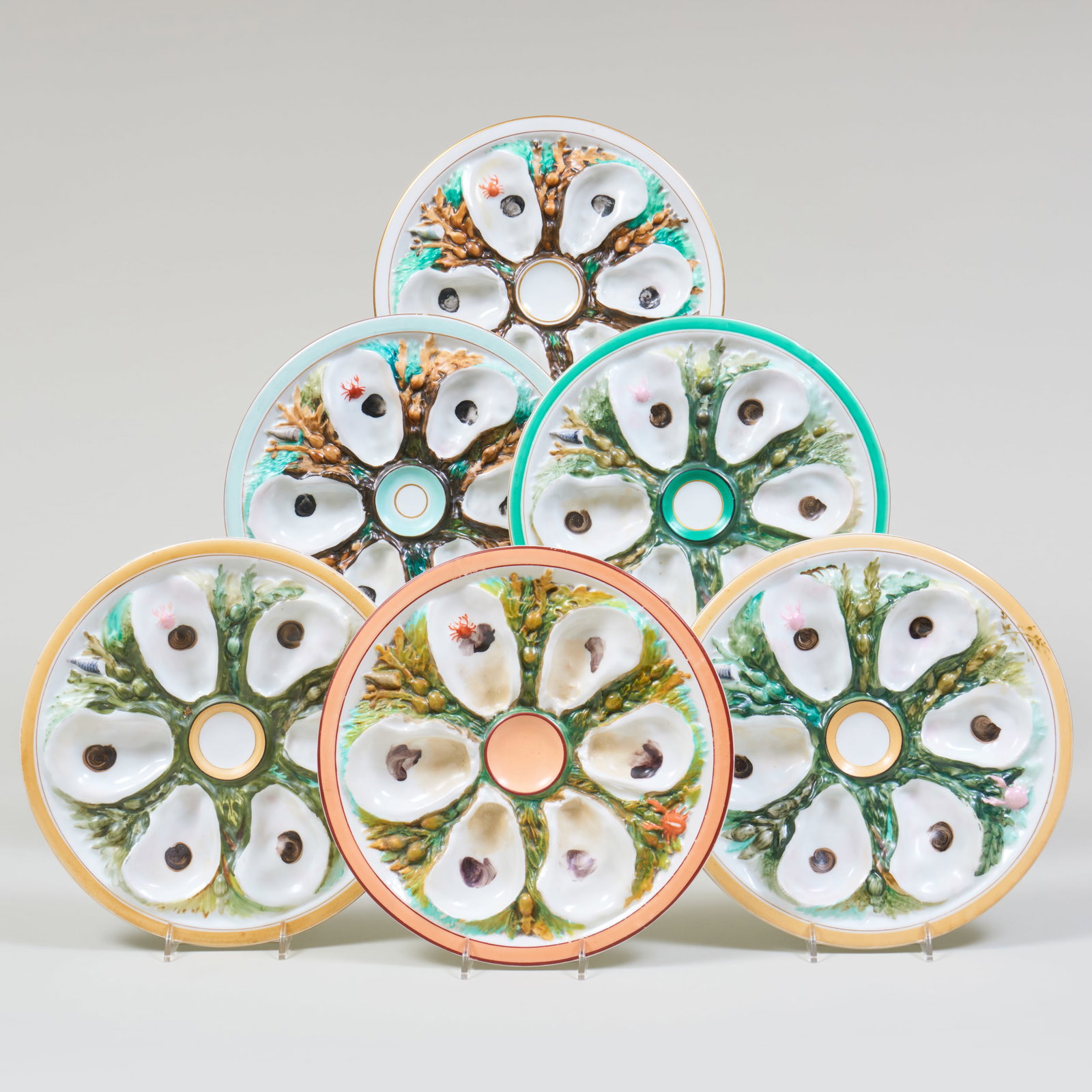 Set of Six Union Porcelain Works of Brooklyn Oyster Plates: Set of Six Union Porcelain Works of Brooklyn Oyster Plates Various incised and printed marks. 9 1/2 in. diam.