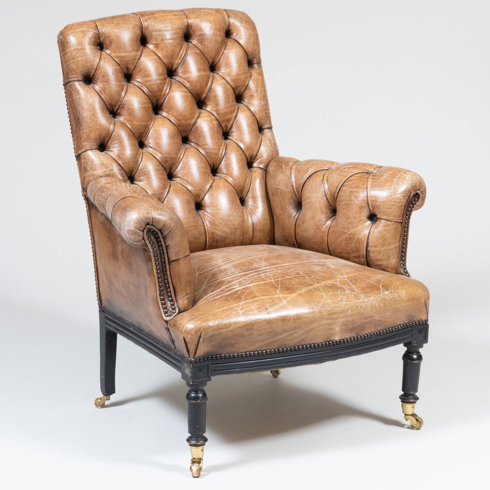Victorian Style Ebonized and Button Tufted Leather Armchair (1 of 11)