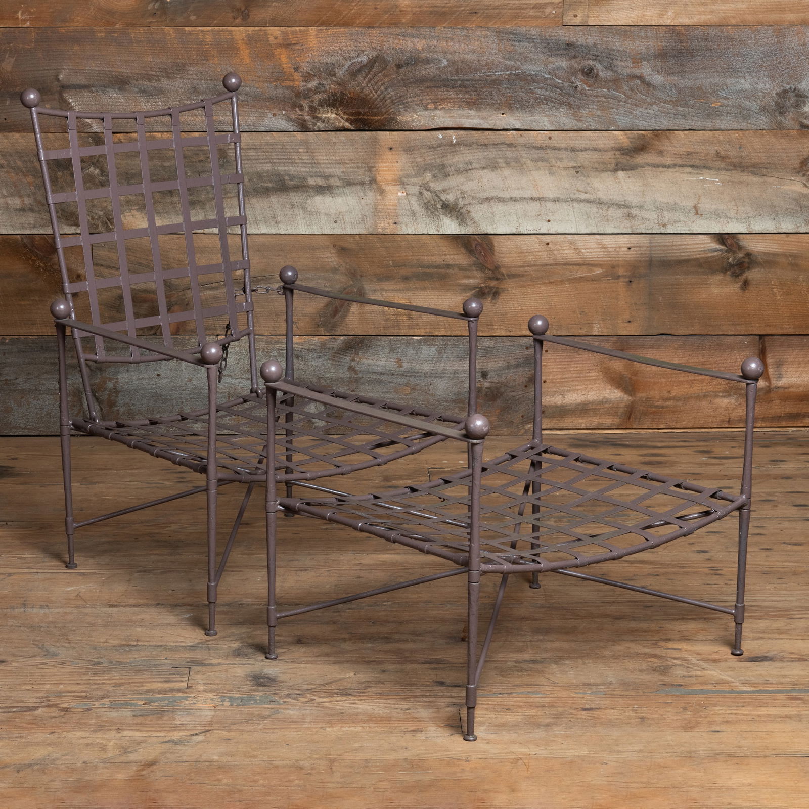 Pair of Janus et Cie Brown Painted Metal Armchairs and Matching Stools (1 of 10)
