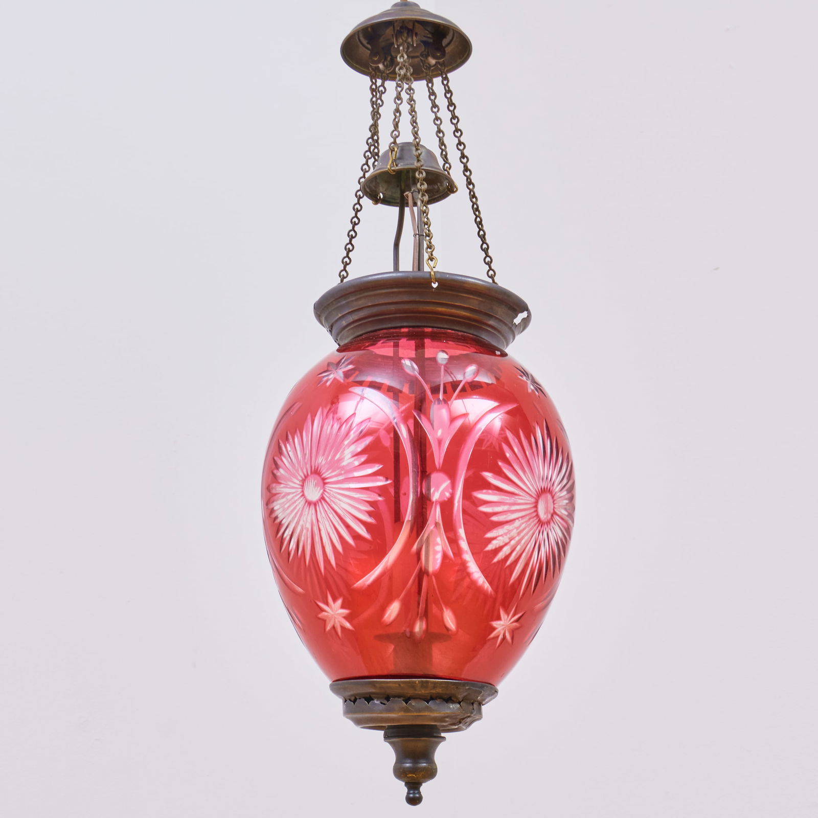 Patinated Metal Mounted Red Cut Glass Hanging Lantern (1 of 6)