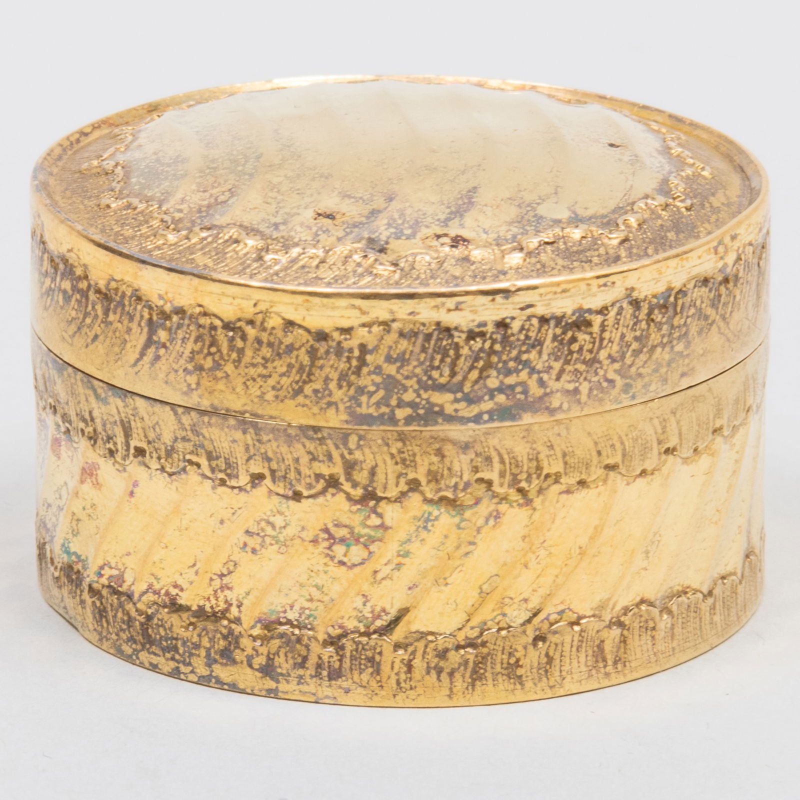 French Silver-Gilt Pill Box: French Silver-Gilt Pill Box With mark. 1 x 1 3/4 in. diam., 21.5 dwts. Property from the Collection of James Grafstein