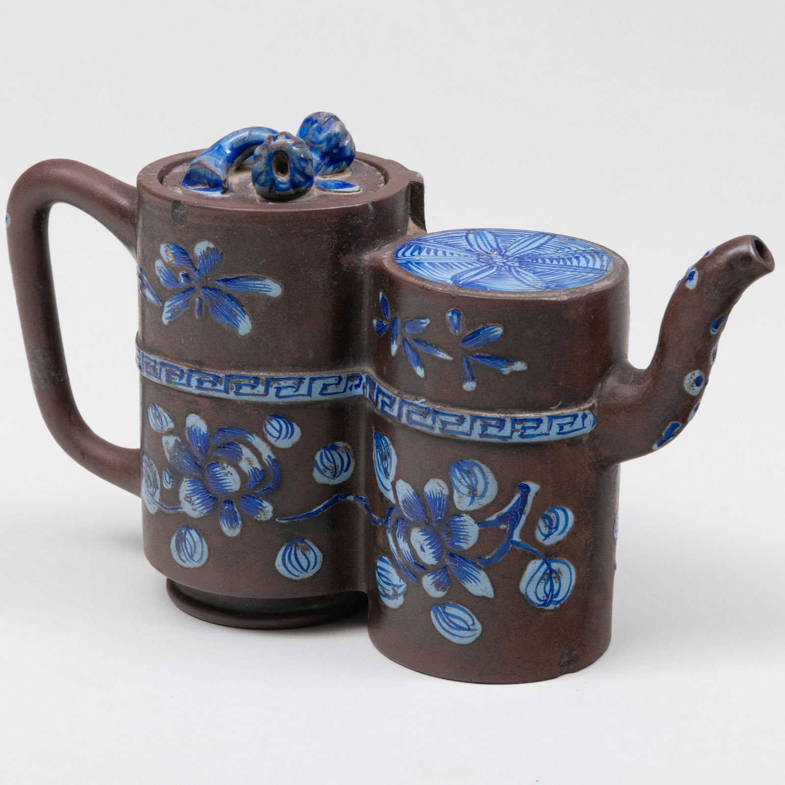 Chinese Painted Yixing Pottery Double Cylinder Teapot and Cover (1 of 9)