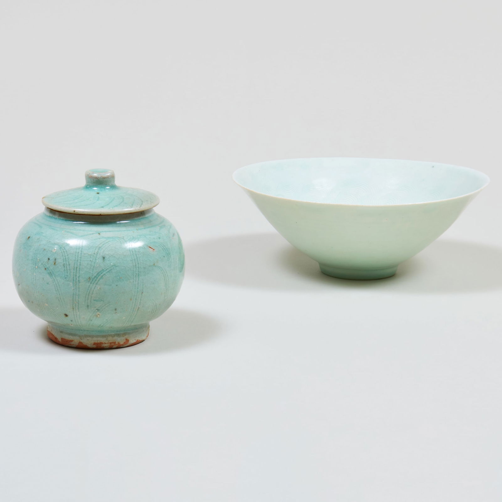 Chinese Celadon Incised Porcelain Bowl and Earthenware Jar and Cover (1 of 15)