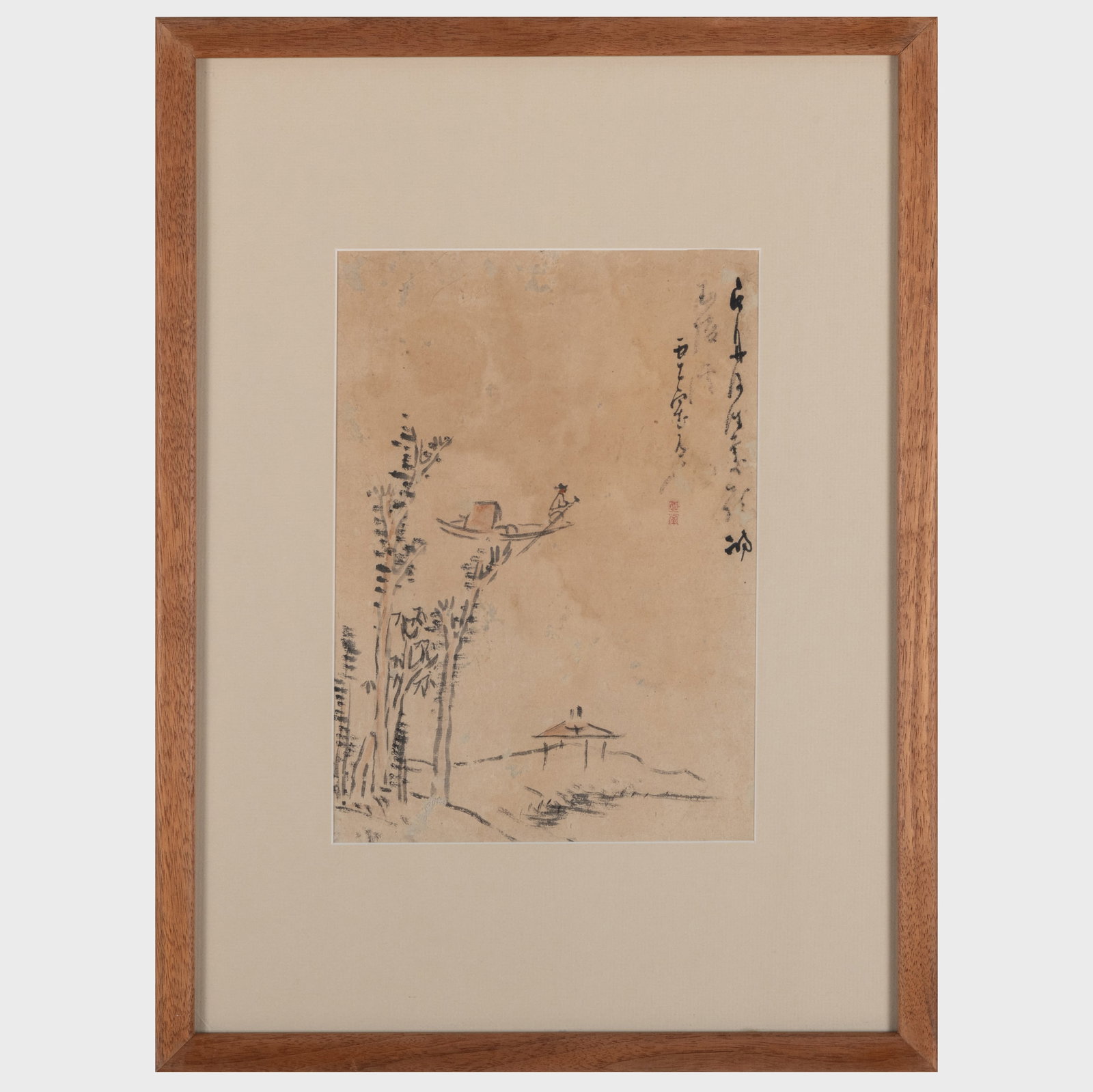 Group of Three Japanese Paintings with Calligraphy: Group of Three Japanese Paintings with Calligraphy Ink on paper. Hya Kusen: Daikon Undou Tatsuda: A River Landscape Shounan Mashima: Poem 20 x 14 3/4 in. (frame). The Daikon, River Landscape by repute