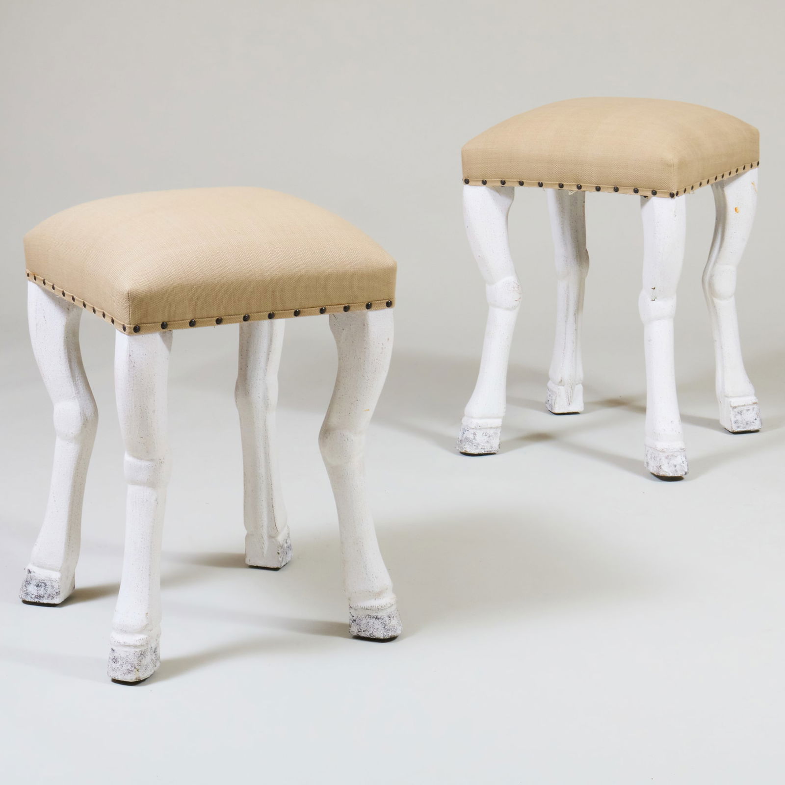 Pair of White Painted and Linen Upholstered Goat Leg Stools (1 of 7)