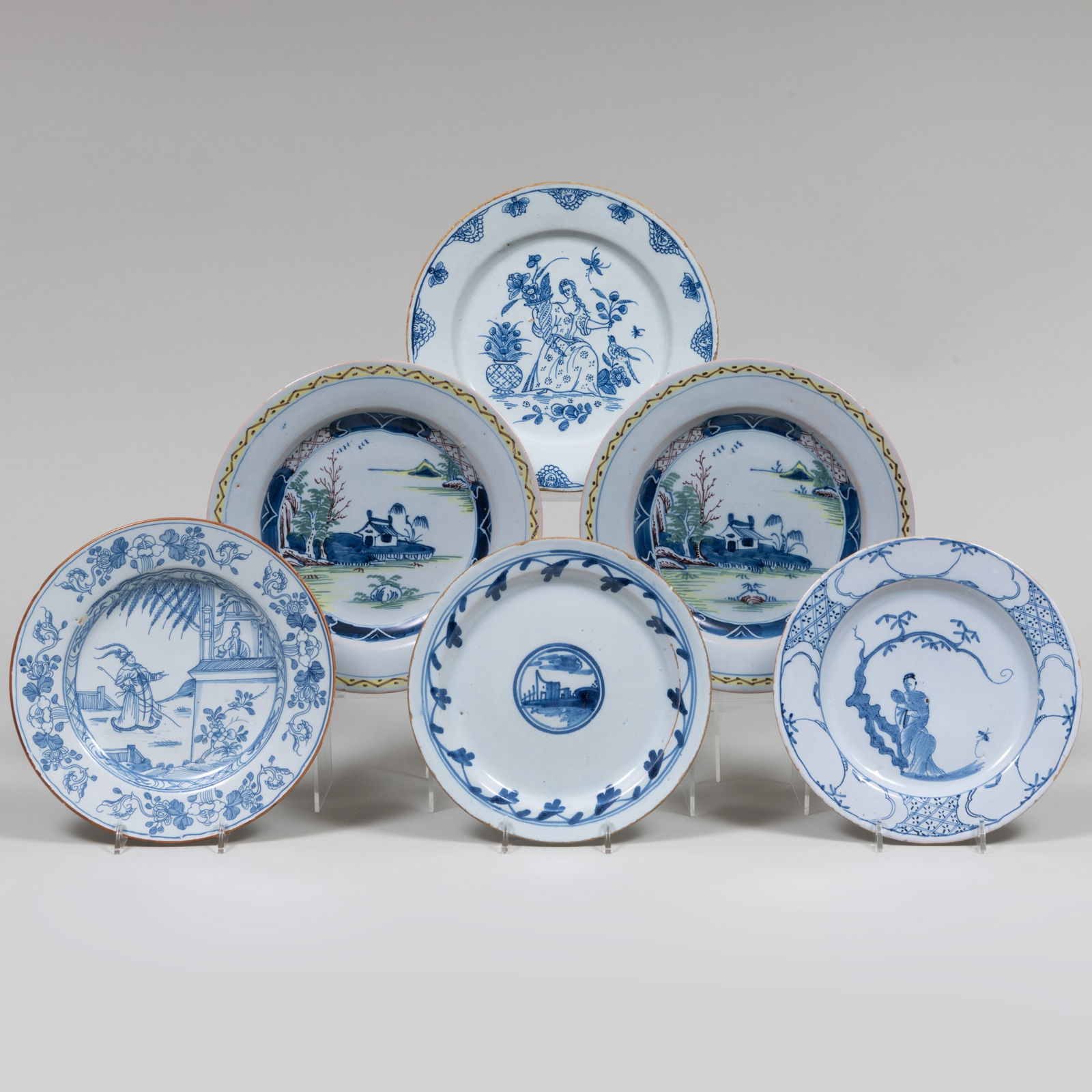 Four English Blue and White Delft Plates and a Pair of Polychrome Delft Plates (1 of 15)
