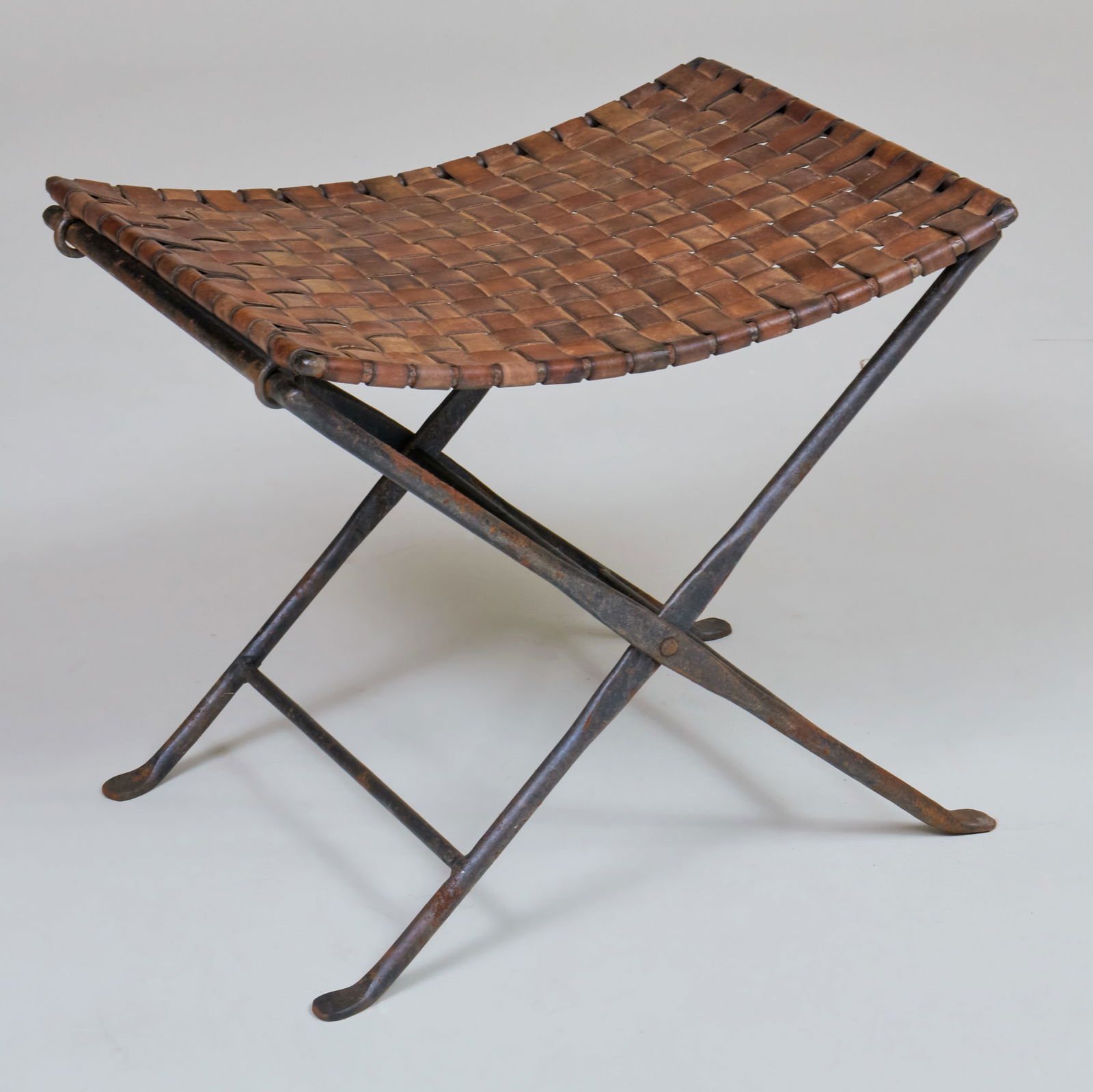Modern Wrought Iron and Woven Leather Stool (1 of 7)