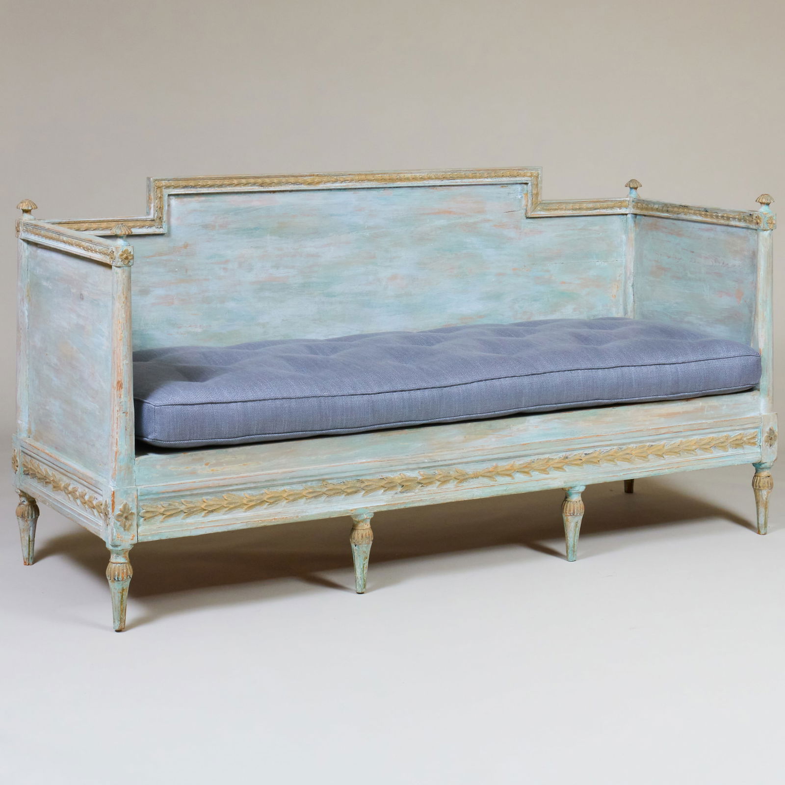 Swedish Neoclassical Grey and Blue Painted Settee: Swedish Neoclassical Grey and Blue Painted Settee 37 1/2 in x 6 ft. 1 in. x 25 in., seat height 17 in. Property from a Williams Lawrence (Bunny Williams) Designed Interior