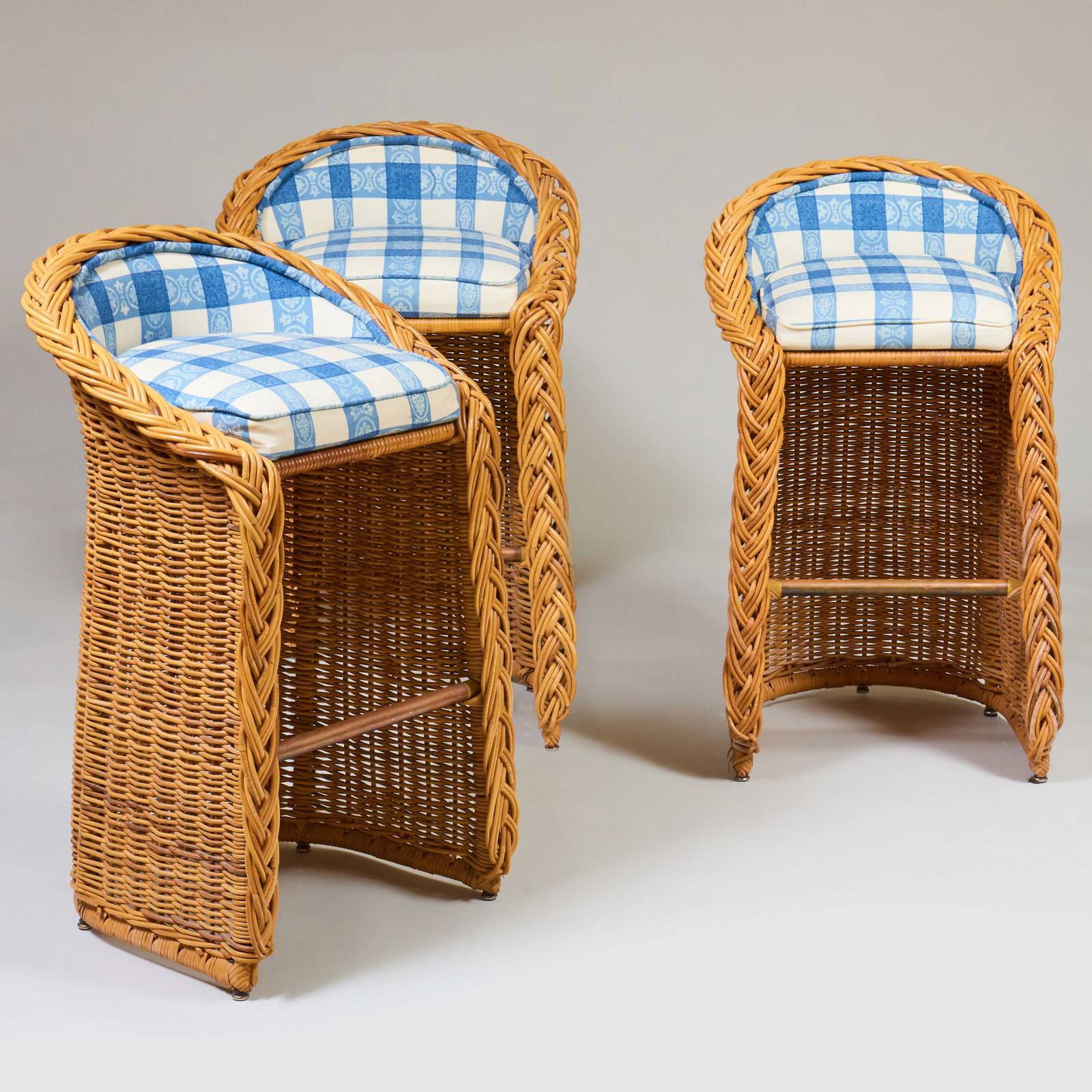 Three Wicker and Linen Upholstered Bar Stools (1 of 7)
