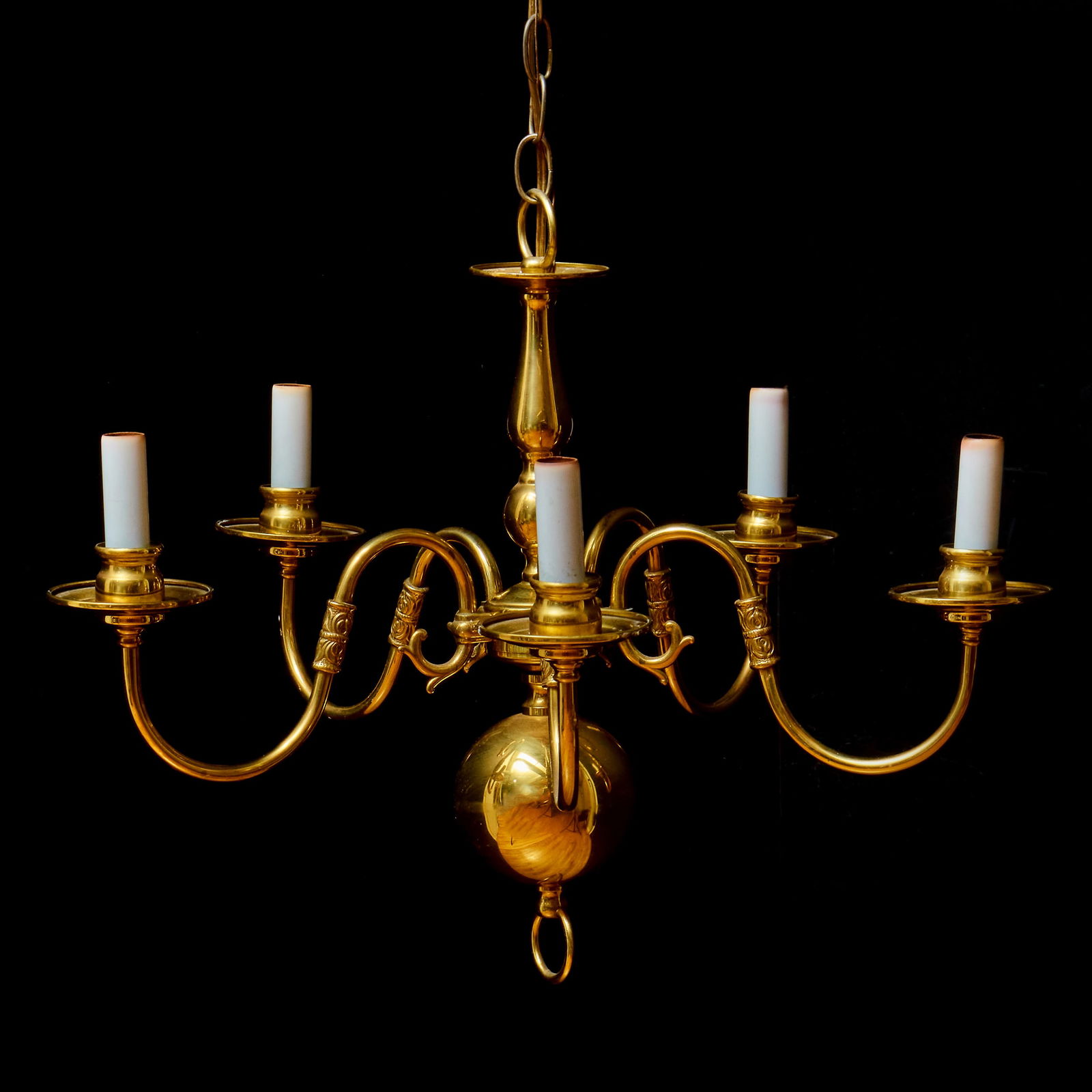 Small Dutch Style Brass Five-Light Chandelier: Small Dutch Style Brass Five-Light Chandelier 17 x 21 in. diam., together with a longer link chain. Property from a Williams Lawrence (Bunny Williams) Designed Interior