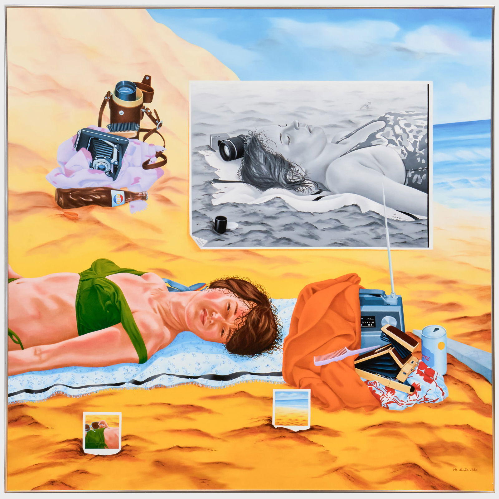 Deryll von Gunten: Language of Vision, Virginia Beach Series no. 12: Deryll von Gunten: Language of Vision, Virginia Beach Series no. 12 Oil on Masonite, 1982, signed 'von Gunten', with the artist's copyright, titled and dated on the reverse. 44 1/2 x 44 1/2 in., 45 1/