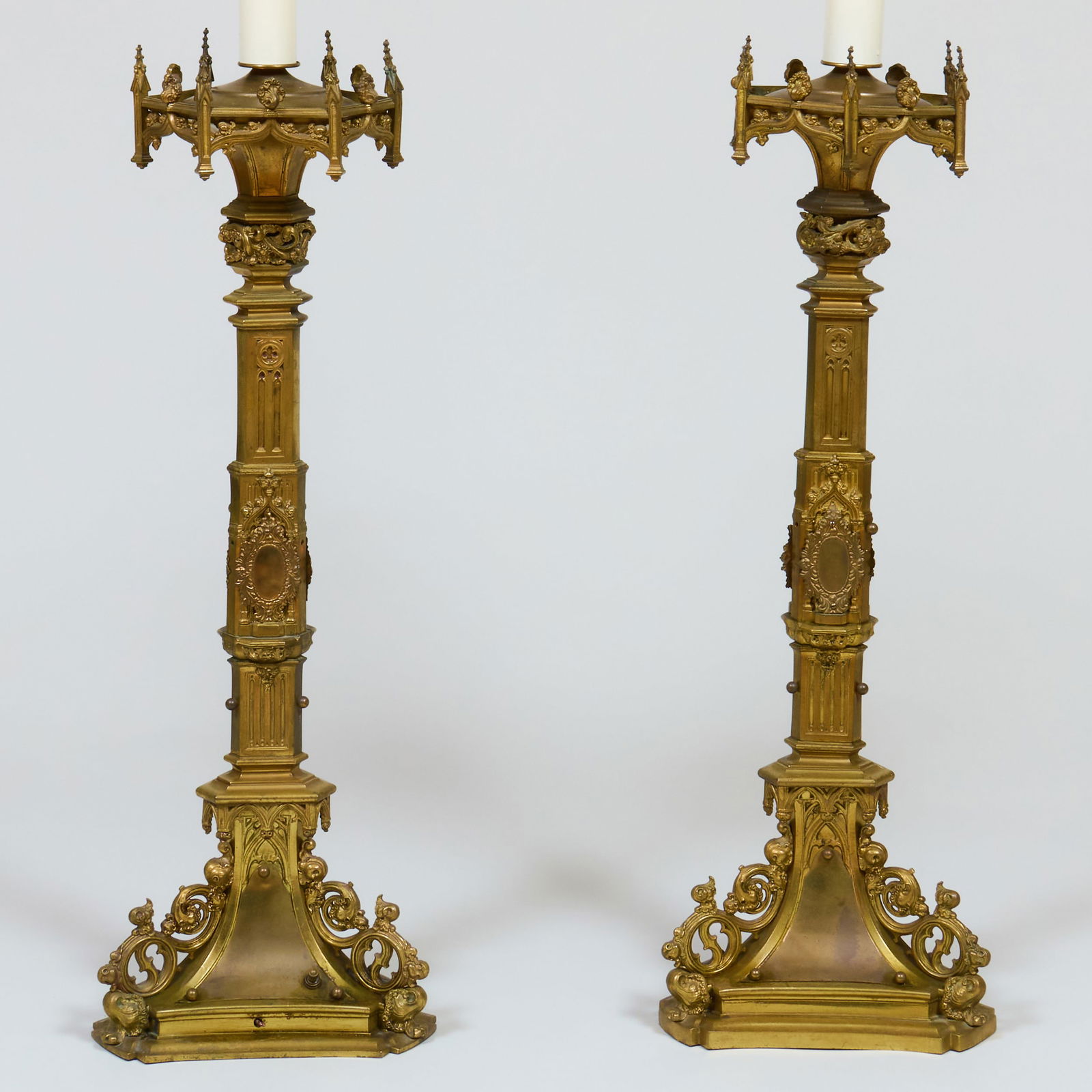 Pair of Gothic Revival Brass Candlestick Lamps (1 of 9)