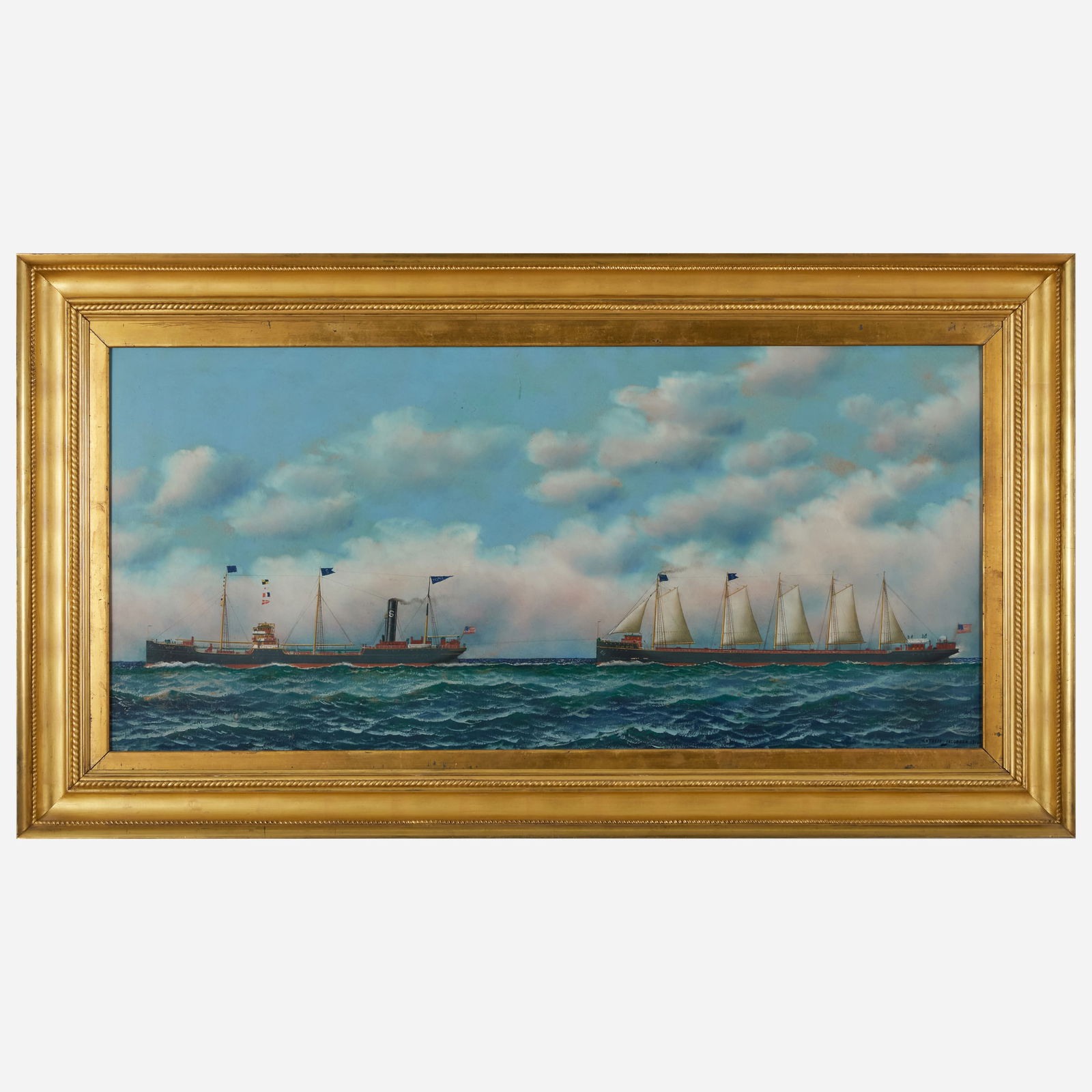 Attributed to Antonio Jacobsen (1850-1921): The Vesta and the S.T. Co. No 94: Attributed to Antonio Jacobsen (1850-1921): The Vesta and the S.T. Co. No 94 Oil on board, 1916, signed 'Antonio Jacobsen', dated and inscribed '31 Palisade Ave. West Hoboken N.J.' lower right. 20 x 4