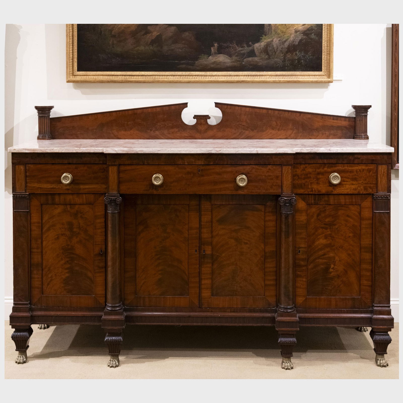 Large Federal Mahogany Sideboard, in the manner of Duncan Phyfe: Large Federal Mahogany Sideboard, in the manner of Duncan Phyfe Fitted with a later marble top and flanked by sliding "pull outs". 42 1/2 in. x 6 ft. 3 in. x 23 3/4 in.