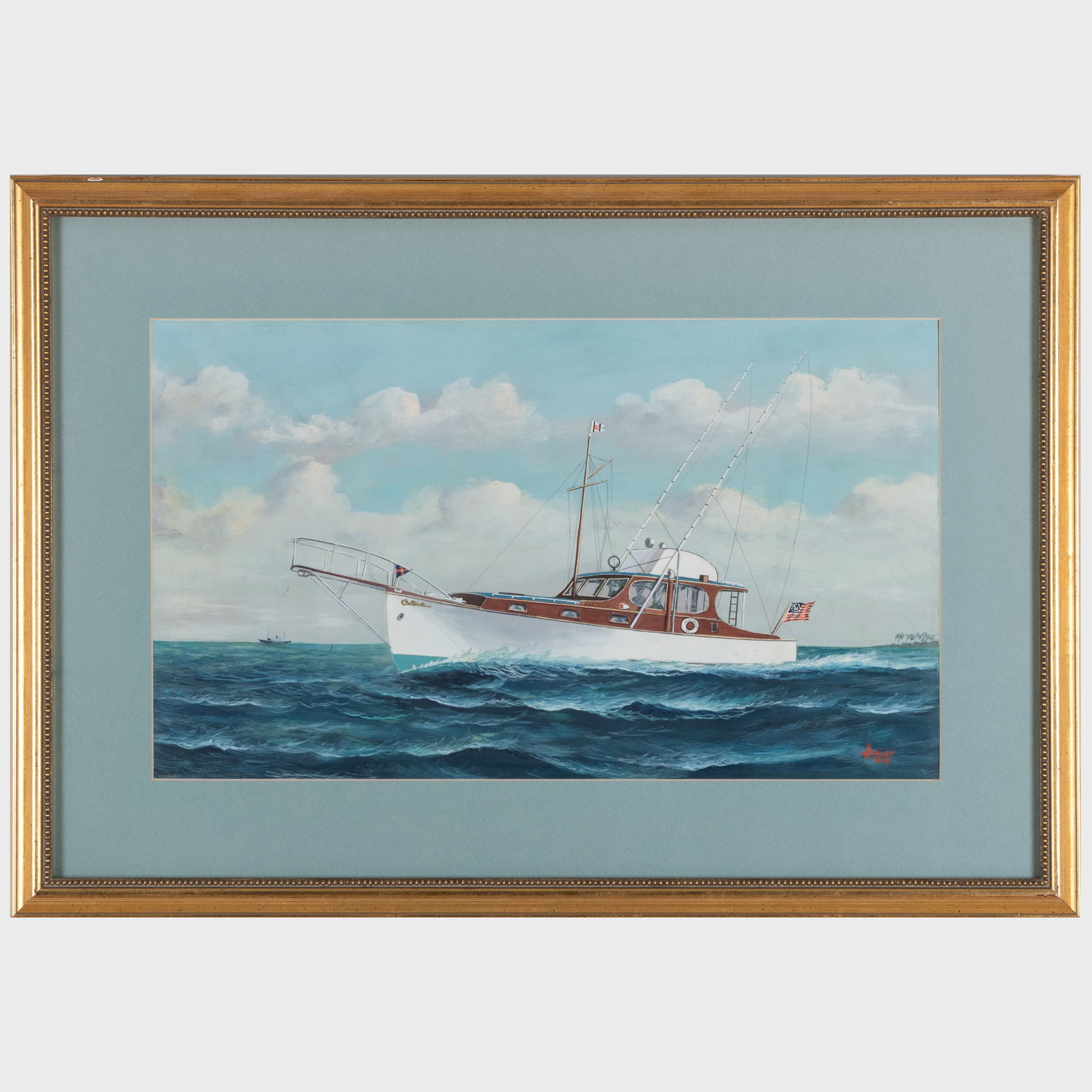 20th Century School: Fishing Boat: 20th Century School: Fishing Boat Gouache on paper, 1949, indistinctly signed and dated lower right. 11 1/2 x 19 1/2 in. (sight), 18 3/4 x 27 in. (frame). The Collection of Henry B. Holt.