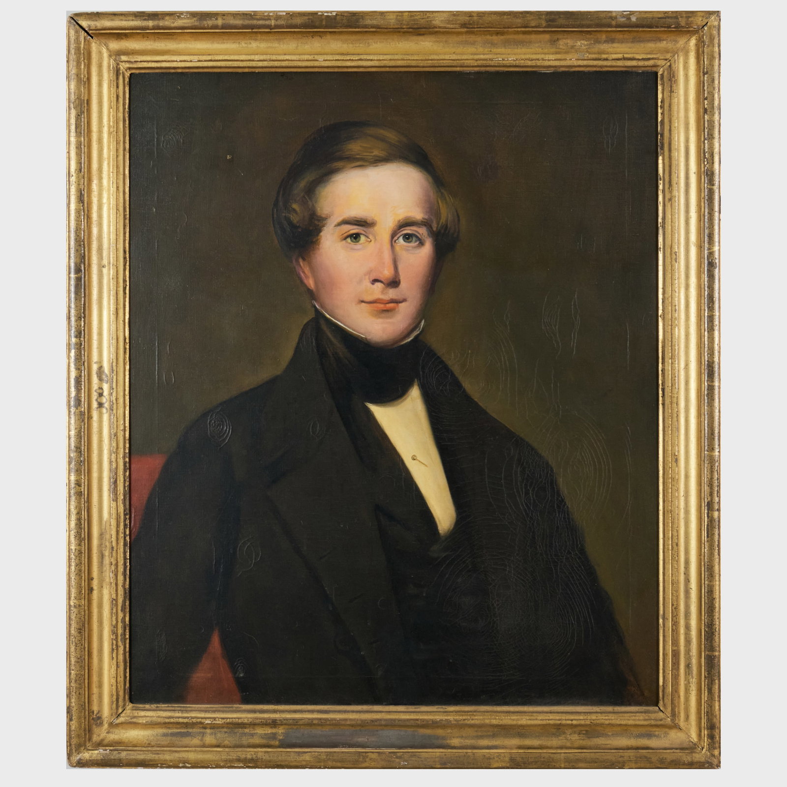 American School: Portrait of a Gentleman: American School: Portrait of a Gentleman Oil on canvas, unsigned, label from Kennedy Galleries, NY. 29 x 25 in., 35 x 30 in. (frame). Lambert Cadwalader and Emma A. Wallace.