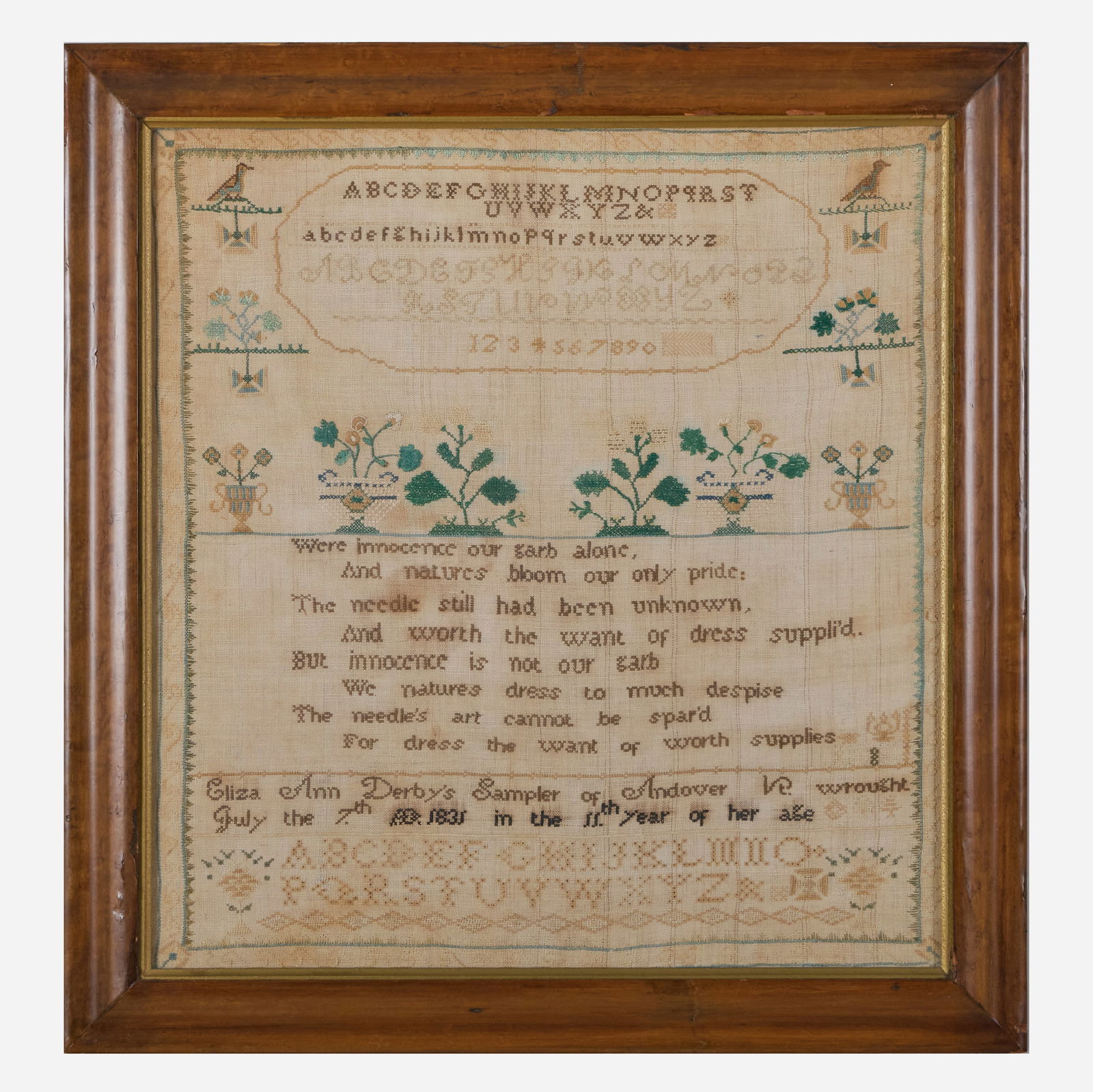 American Sampler Worked by Eliza Anne Derby of Andover, VT, July 7, 1831 (1 of 1)