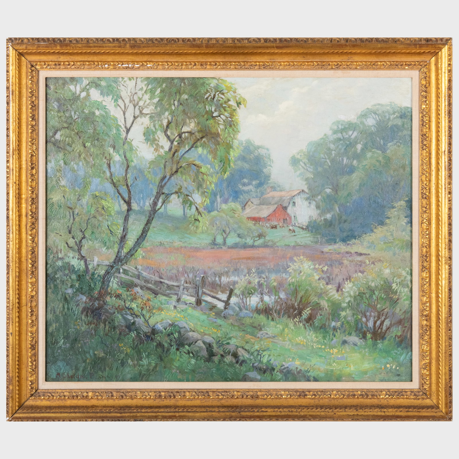 Albert Shelton Pennoyer (1888-1957): Shore Farm: Albert Shelton Pennoyer (1888-1957): Shore Farm Oil on canvas, signed 'A. Shelton Pennoyer' lower left, signed and titled on the reverse. 25 x 30 in., 30 3/4 x 36 in. (frame).