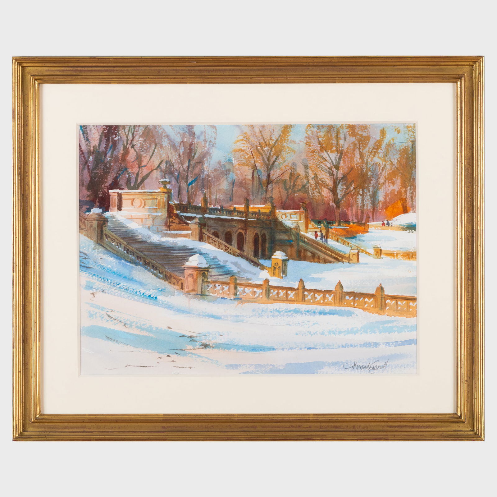 Alexander Creswell (b. 1957): Central Park in Snow; The American Museum of Natural History, on: Alexander Creswell (b. 1957): Central Park in Snow; The American Museum of Natural History, on Marathon Day; and Wall Street on a Sunday Morning Three watercolor on paper, 2000-2001, all signed 'Alexa