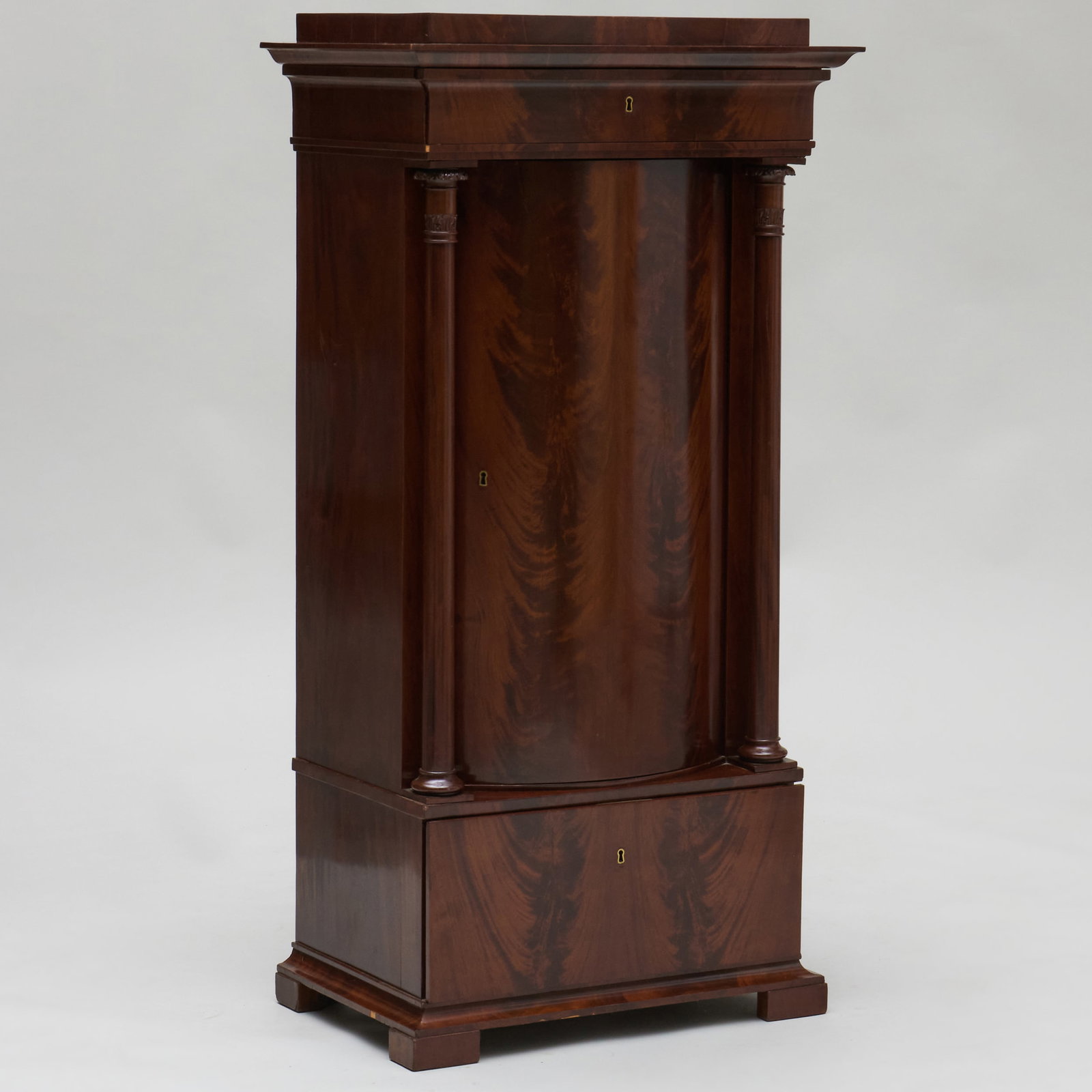 Biedermeier Mahogany Tall Pedestal Cabinet: Biedermeier Mahogany Tall Pedestal Cabinet 4 ft. 10 1/2 in. x 29 1/4 x 19 in. Private Collection Millbrook, NY.
