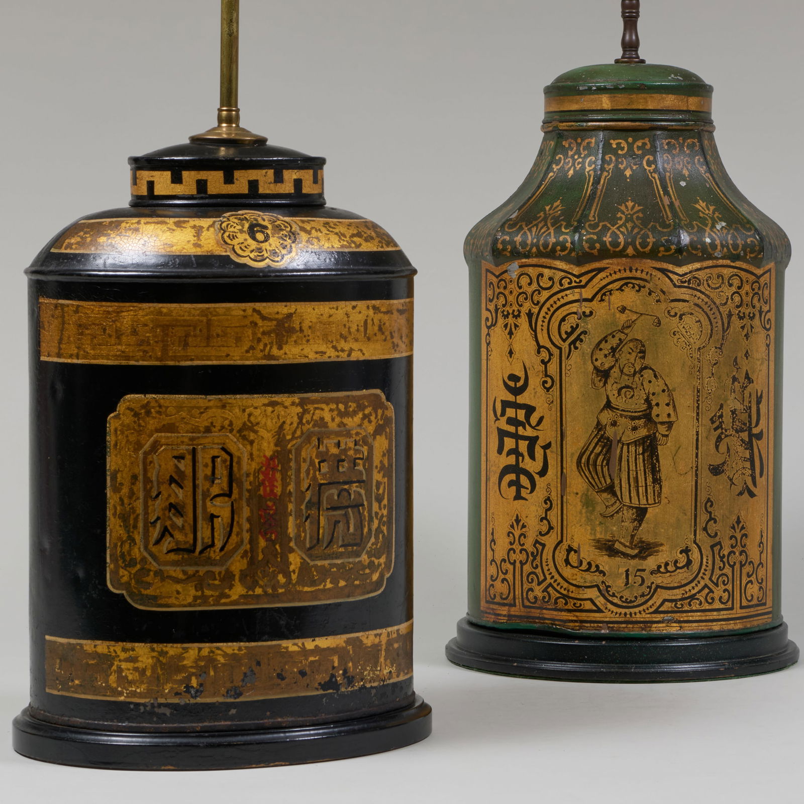 Two Chinese Tole Painted Tea Canisters Mounted as Lamps (1 of 16)