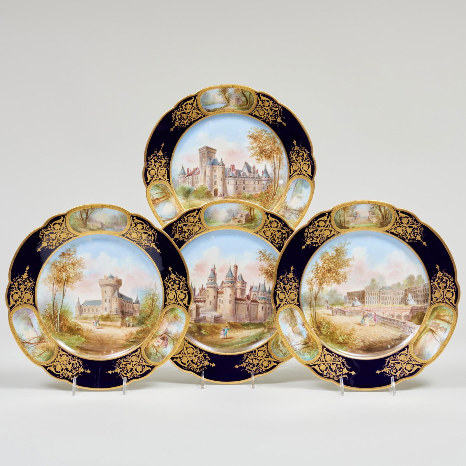 Set of Four Sevres Style Cobalt Ground Porcelain Topographical Plates (1 of 9)