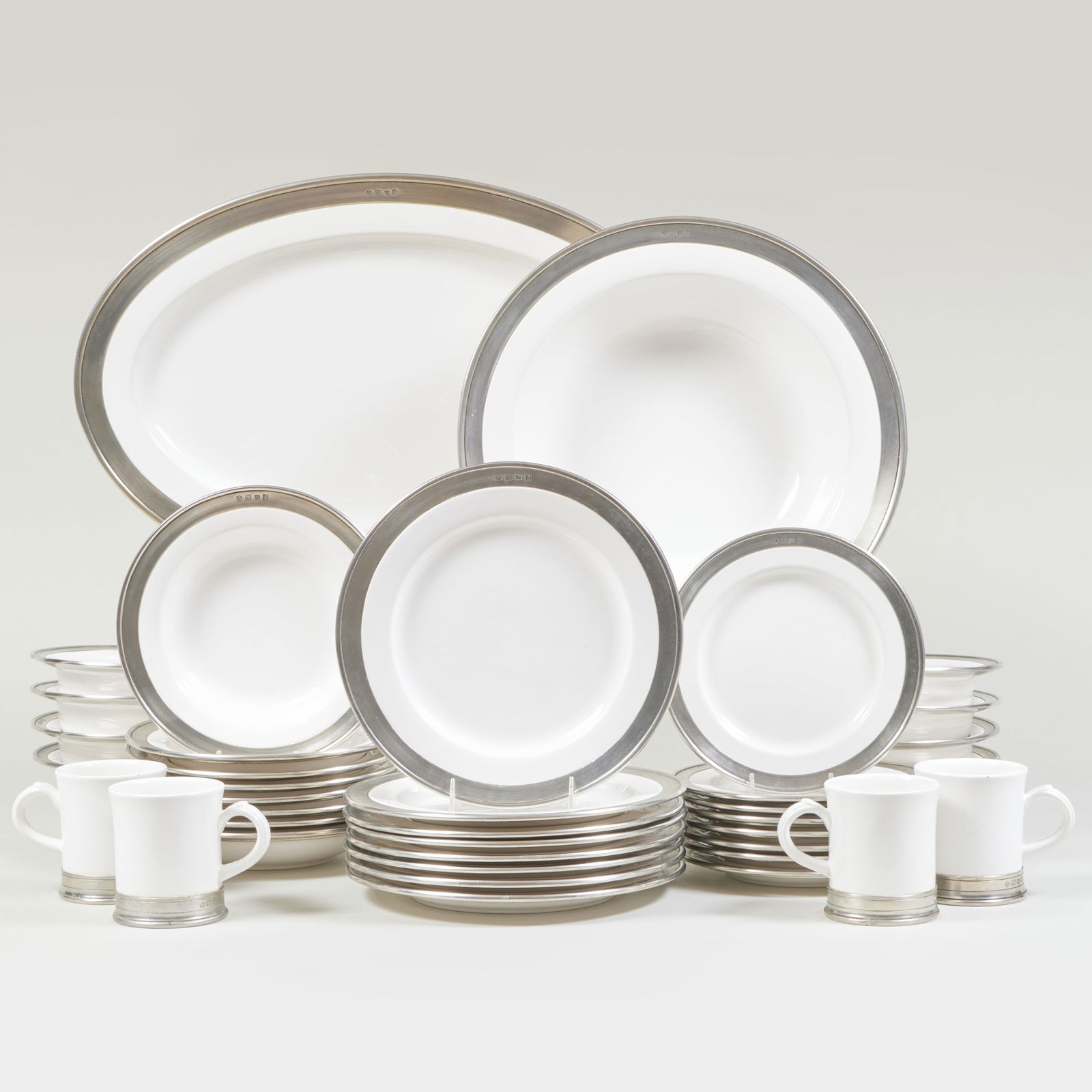 Set of Match Italian White Porcelain Pewter Mounted Part Dinner Service (1 of 20)